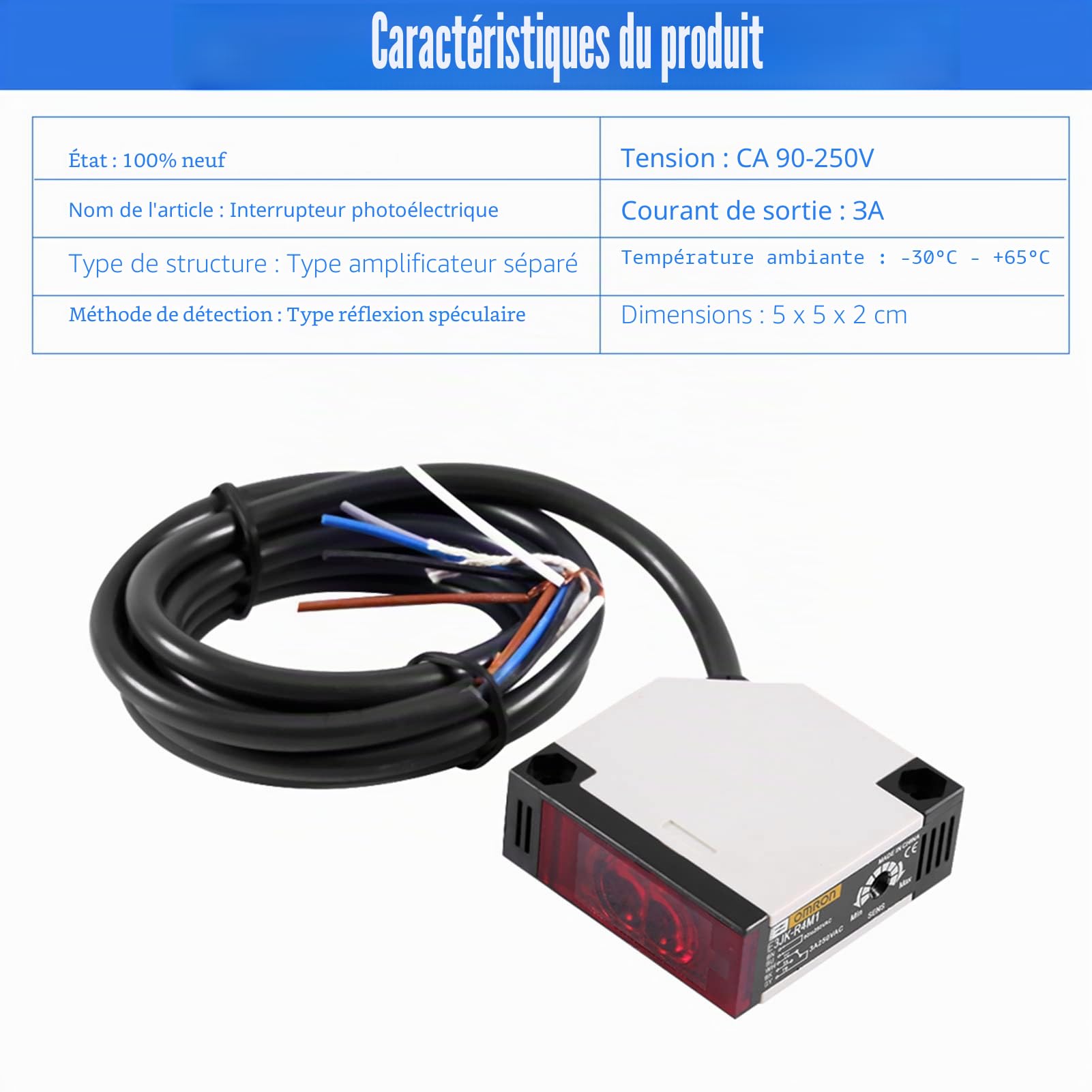 Réflecteur photocellulaire AC 90-250 V 3 A Capteur pour barrière photoélectrique E3JK-R4M1 Interrupteur pour capteur de réflexion miroir Interrupteur
