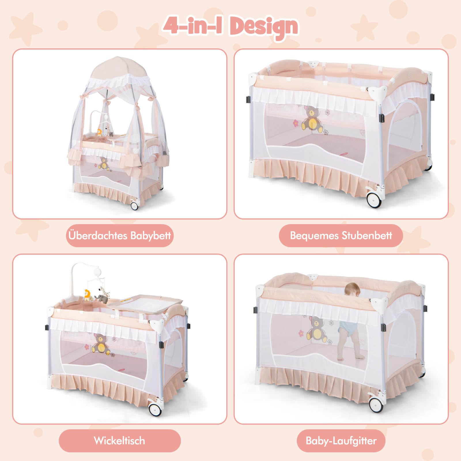 COSTWAY 4 in 1 Babybett mit abnehmbarem Baldachin, Reisebett mit Matratze, Wickelauflage, Spielbogen & Musikbox, Beistellbett mit Rollen, Kinderreisebett faltbar für 0-36 Monate Baby (Rosa)