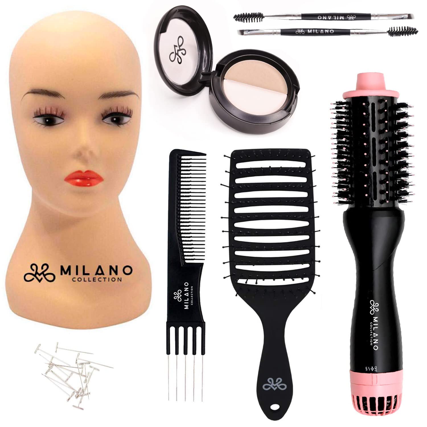 Milano Collection Wig Styling Kit, Hot Air Brush, Gentle Brush, and Teasing Comb, Ideal for Wigs and Natural Hair, includes a Scalp Illusion Duo, a Deluxe Lace Wig Concealer