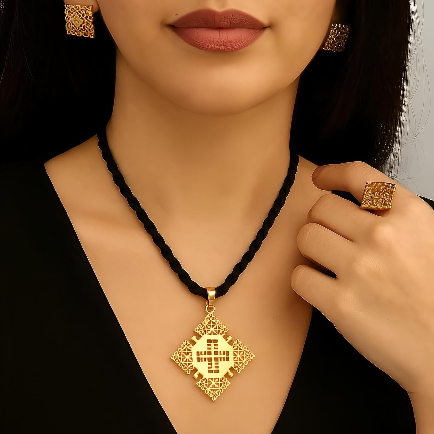 14K Gold Filled Ethiopian Cross Jewelry For Women - African Cross Pendant Necklaces Earrings Ring Traditional Religious Ornaments For Ethiopian Eritrean Israel Nigeria (5 (17.7inch) - Ethiopian Cross Necklace)