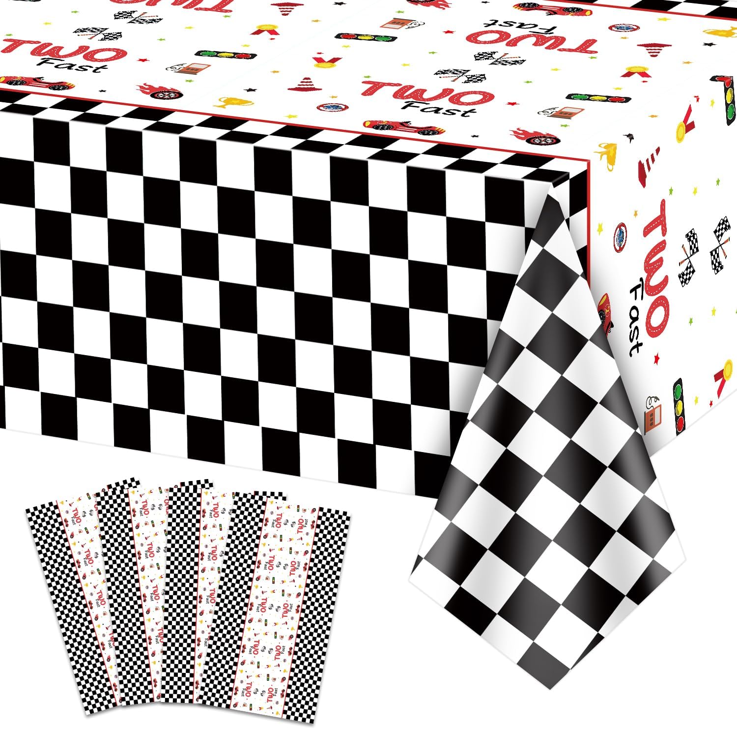 4pcs Two Fast Race Car Tablecloths - Racing Car Table Covers Rectangular Black and White Checkered Tablecloth for Boys Kids' Two Year Old Race Car Birthday Party Supplies, 51 x 86.6 Inch (Two Fast)
