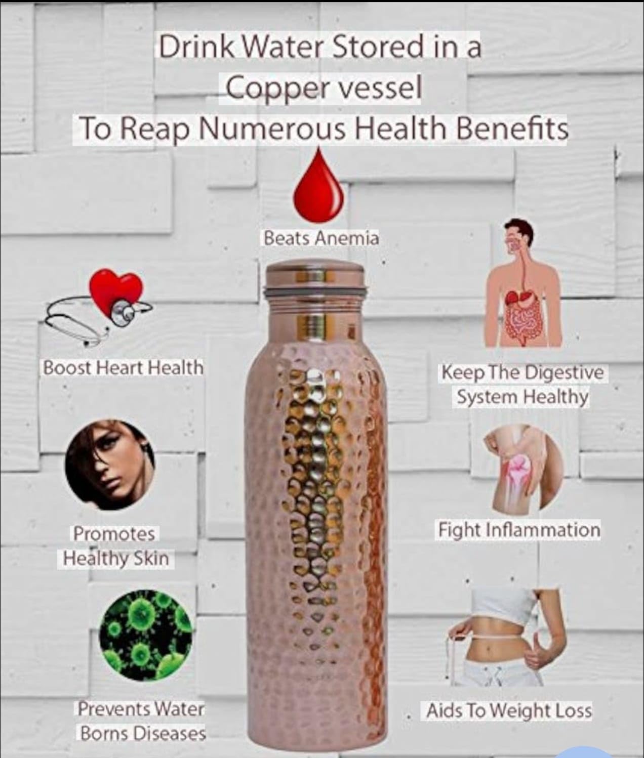Pure Copper Water Bottle, Hammered Finish, Alkaline Water Conversion, Aids Digestion, Ayurvedic Health Benefits (950, Milliliters)