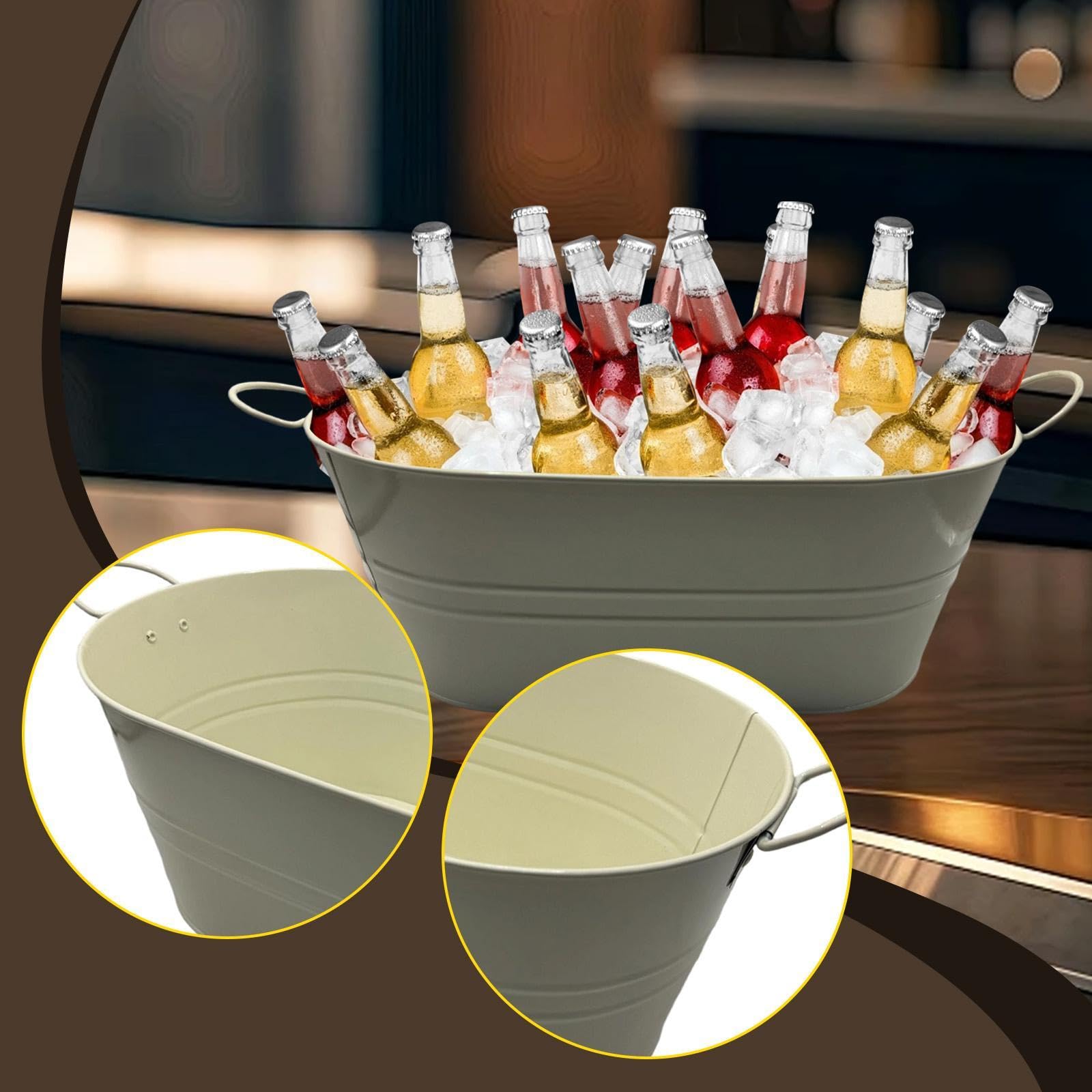 Milageto Seau à Boissons Ovale Galvanisé avec Poignées de Transport, Bac à Boissons Multifonction en Métal, Récipient à Glaçons pour Fêtes, Champagnes, Blanc