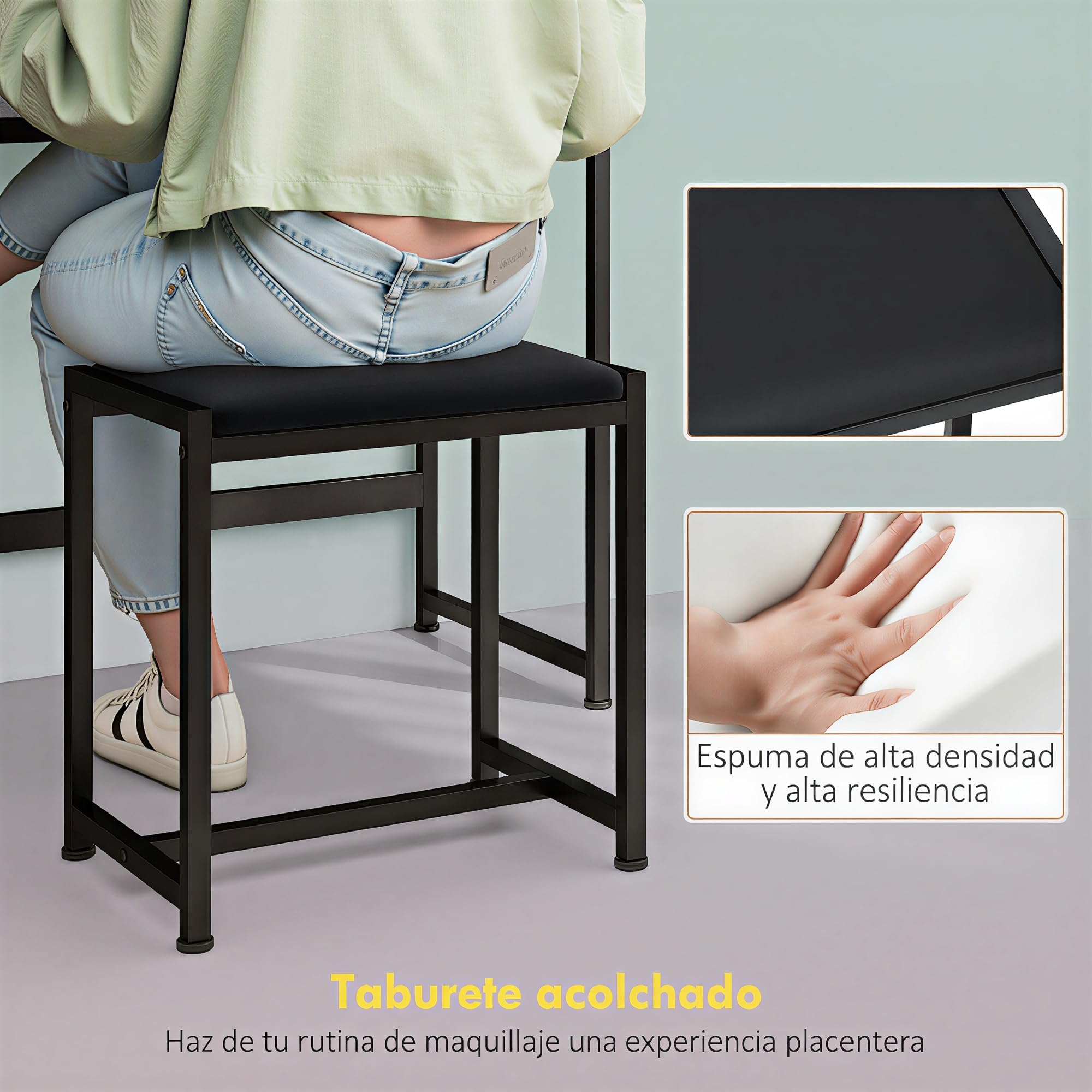 HOMCOM Tocador de Maquillaje con Espejo Tríptico Desmontable en Gris | Tocador con Taburete, 3 Cajones de Tela, Estantes, Soporte para Secador de Pelo, Cesta Metálica, Dormitorio, Vestidor