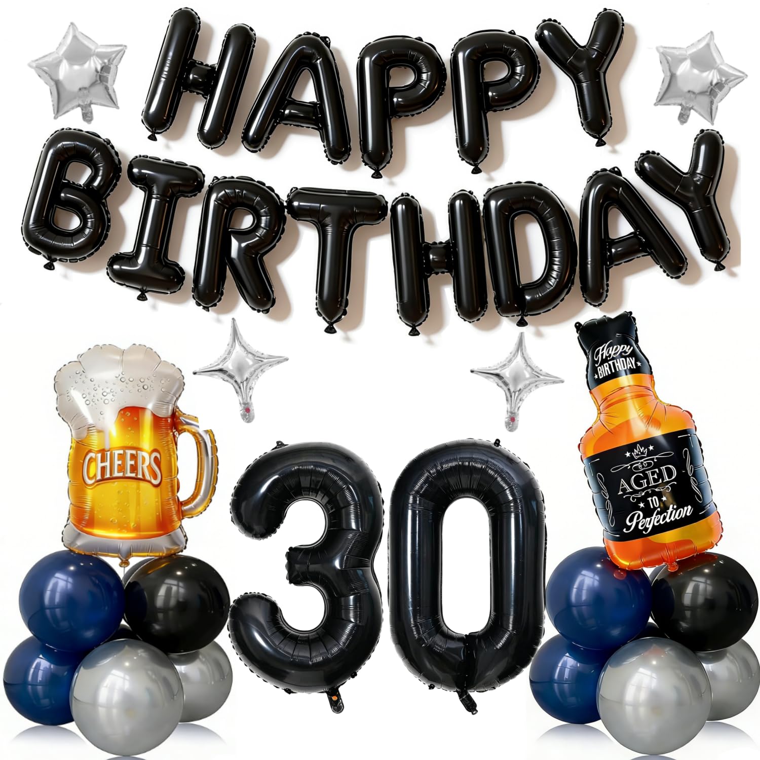 30th Birthday Decorations for Men 41pcs with Number 30 Foil Balloon Black and Blue Balloons Whiskey Beer Kit for Party Supplies