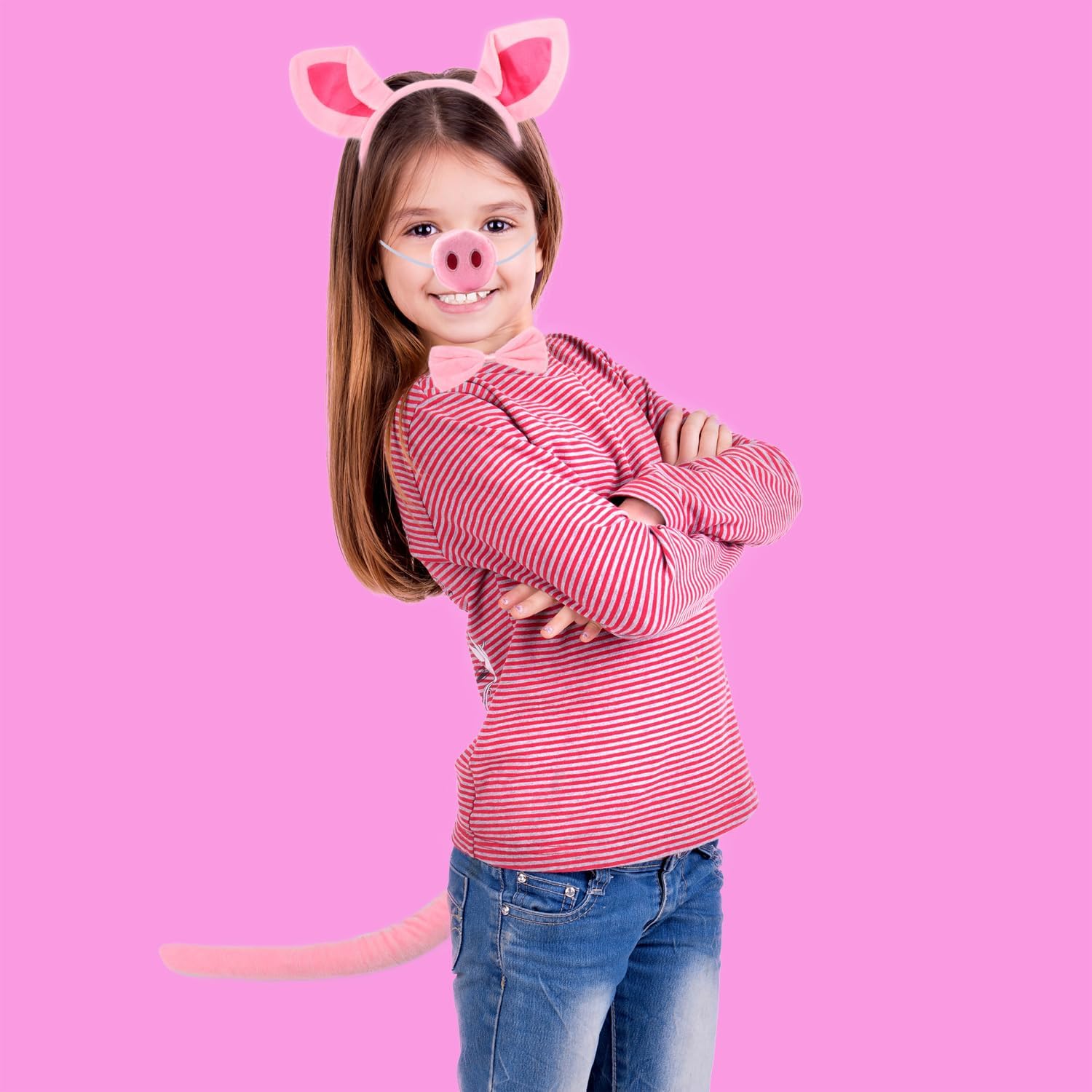 HODRME 4 Pieces Pig Ears and Tail Set-Pink Pig Headband Tail Nose Bow Tie Cosplay Party Halloween Costume Accessories