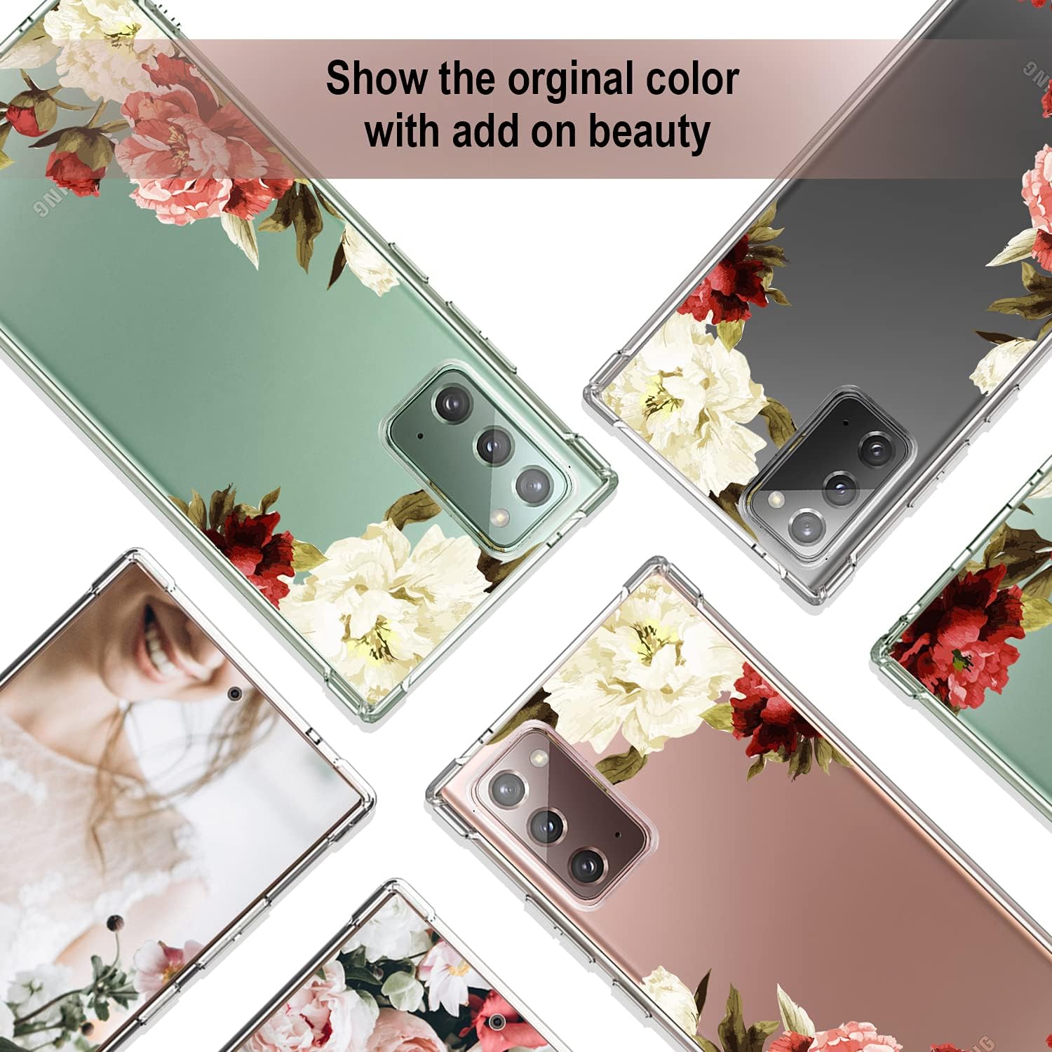 Compatible with Samsung Galaxy Note 20 5G 6.7 Inch Case 2020, White and Red Peony Floral Pattern Design Full Body Protection Cover, Flexible Shockproof TPU Bumper Slim Clear Flower Cover Case