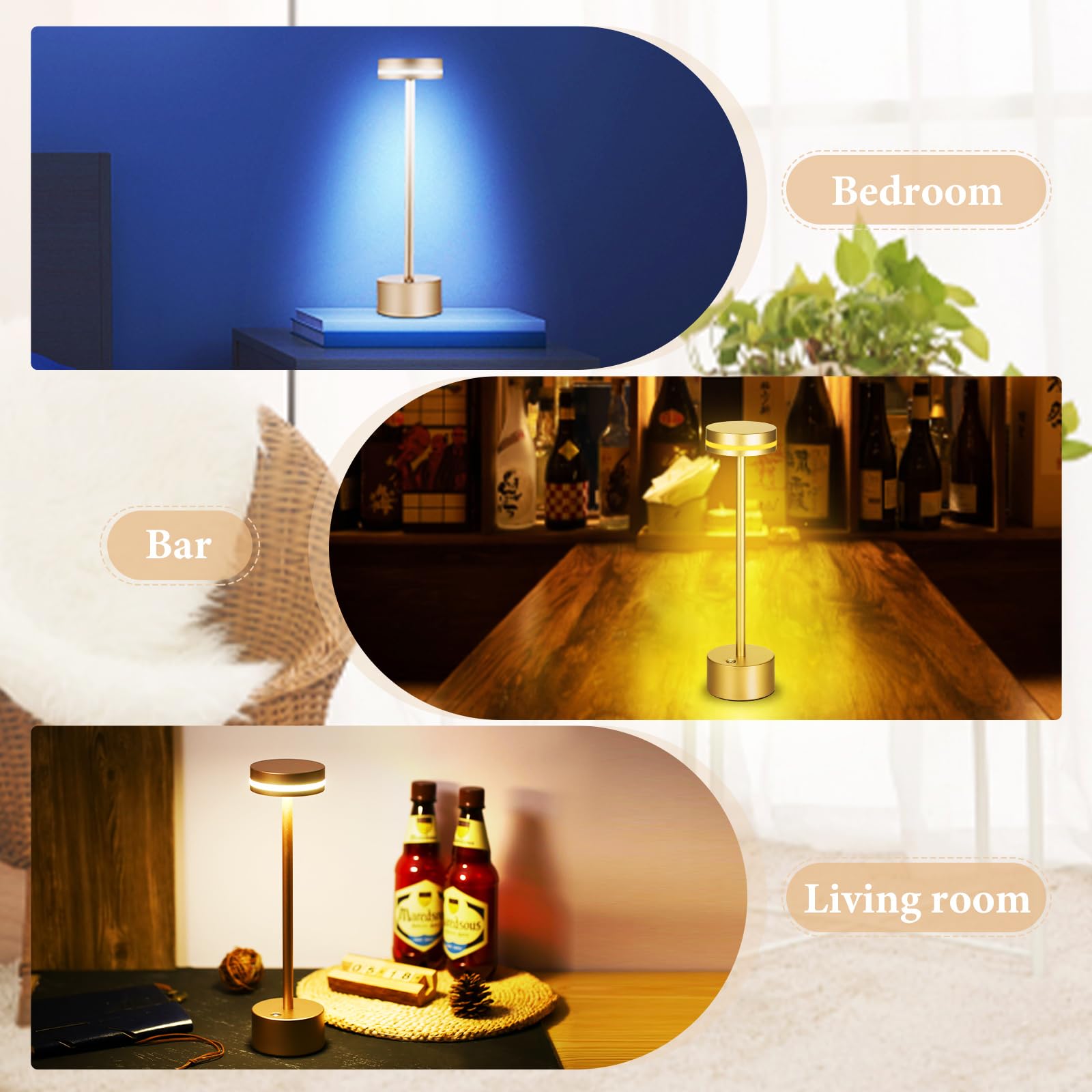 LED Cordless Table Lamp Metal Bedside Nightstand Lamp Touch Control Stepless Dimmable 3 Light Colors 4000mAh Rechargeable Desk Lamp Night Light for Bedroom Dining Room Bar Restaurant Coffee Shop - Image 2