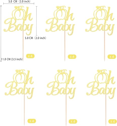 Miniatura 2 de Gexolenu 24 piezas de calabaza Oh Baby Cupcake Toppers de doble cara naranja con purpurina naranja para cupcakes temáticos de otoño, baby shower,