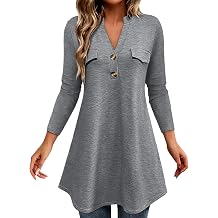 Women's Long Sleeve Button V Neck Tunic Tops Casual Business Swing Sweatshirt Pullover Work Tops