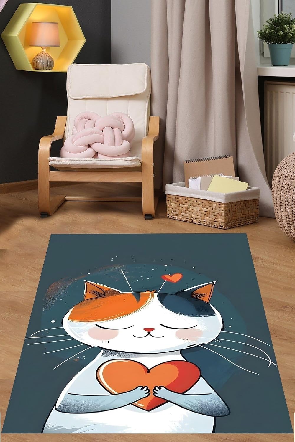 Pelangi Love Temalı Sevimli Kedicik Yıkanabilir Kaymaz Taban Leke Tutmaz Çocuk Odası Halısı, Lacivert-Turuncu 120 x 160