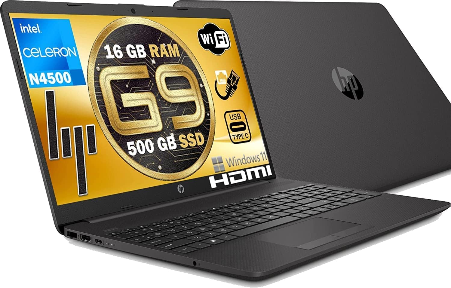 HP 250 G9 Notebook Portatile, RAM 16Gb DDR 4, Ssd Nvme 500GB Display HD 15.6", Intel 2 Core N4500 fino a 2,8 GHz, Wi-fi, 3 usb, webcam HD, Libre office, pronto All'uso
