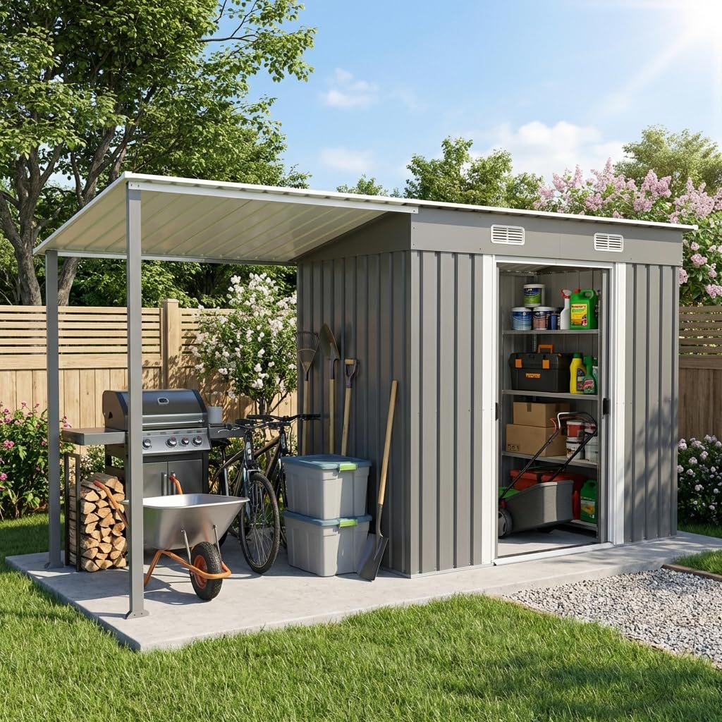 Amazon | 物置 屋外 大型 倉庫 サイドオーニング付き サイクルポート 