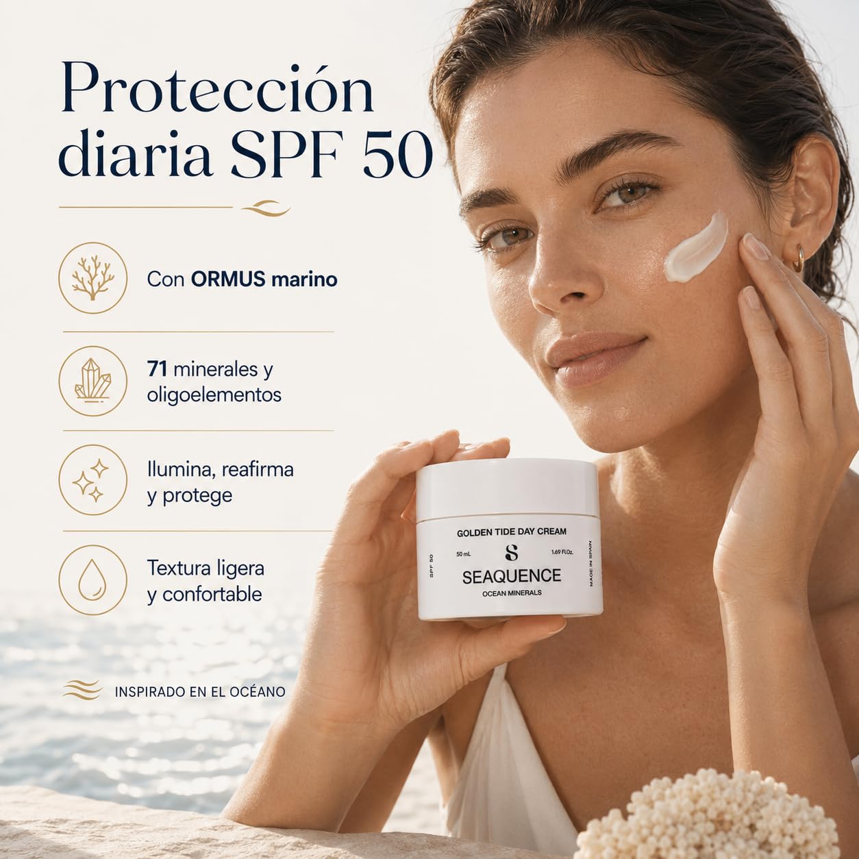 SEAQUENCE Golden Tide Day Cream SPF 50 50 ml | Crema de Día Facial con Ormus Marino, Ocean Trace Minerals, Niacinamida, Vitamina C Estabilizada, Vitamina E y Ácido Hialurónico | Hidratación total