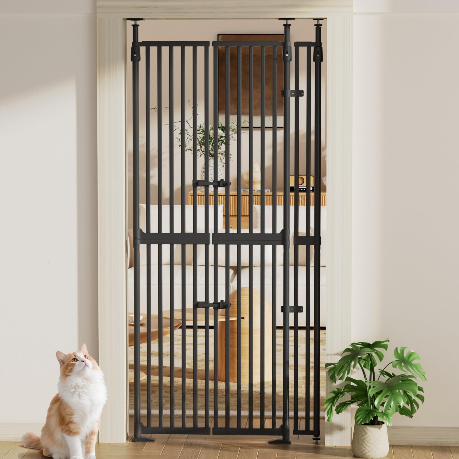 74.8–90.5" extra tall cat pet gate for doorways,hallways&stairs, auto?close double door, 3 support pillars, 30.3–38.2" width, no?drill pressure?mounted, 1.37" narrow gap(black)