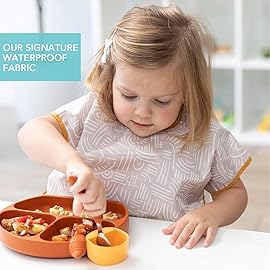 Bumkins Short Sleeve Bib for Girl or Boy, Toddler and Kids for 1-3 Years, Large Size, Essential Must Have for Junior Children, Eating, Mess Saving Soft Fabric Apron for Play, Boho Beige