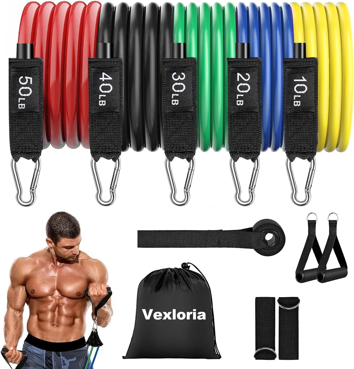 Vexloria Resistance Bands Set with Handles, Exercise Bands Stackable up to 150lbs, Gym Bands with Door Anchor & Ankle & Carry Bag for Men and Women Fitness, Strength Training Home Gym Equipment