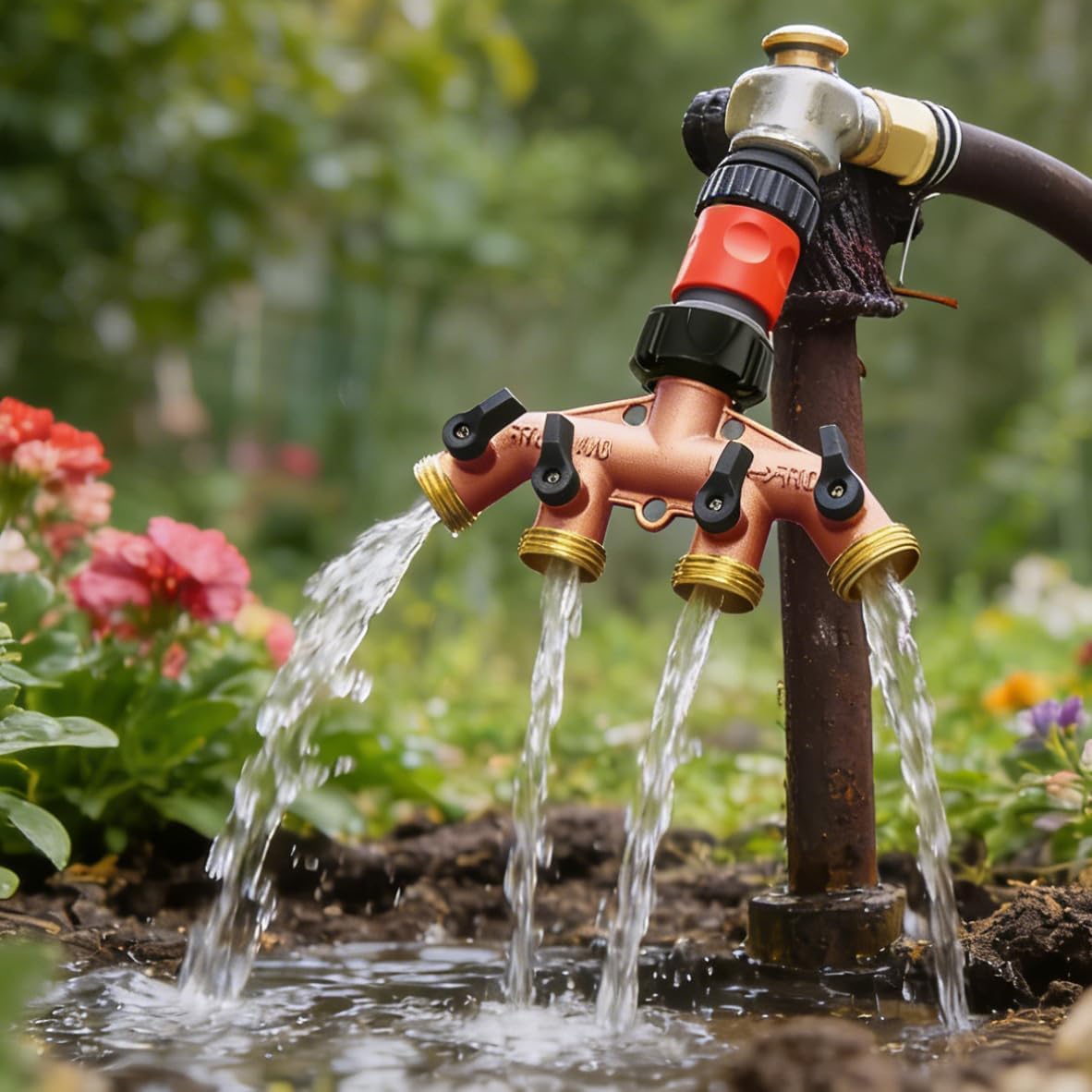 4-Way Hose Splitter Connector with Washers – Available in Standard & Acid-Washed Reddish Finish, Durable Brass & Plastic, Leak-Proof, Multi-Port Adapter (Acid-washed Reddish Finish, 2)