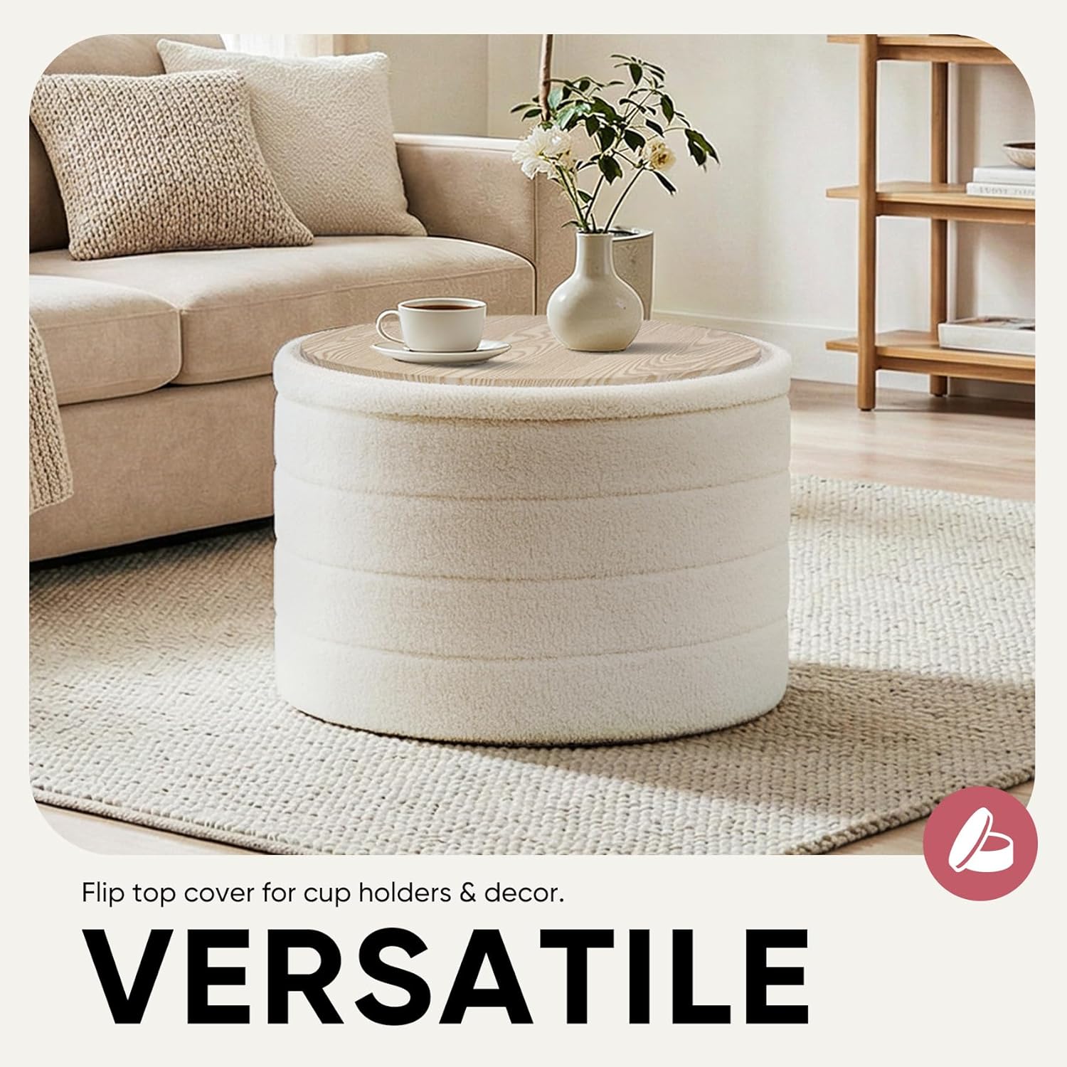 22“ Teddy Fabric Round Storage Ottoman, 2-in-1 Flip Top Foot Rest，Ottoman Coffee Table for Small Space Living Room,Bedroom,Hallway-Cream White