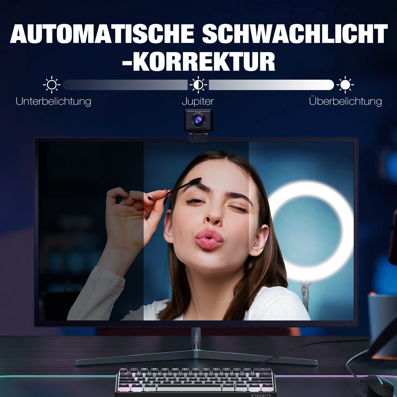 EMEET 1080P HD Webcam, Streaming Webcam mit 4 De-Noise Mikros, Smart KI Fokus & Low-Light Korrektur, einstellbare FOV, Privacy Cover, Plug&Play USB-C Webcam für YouTube, Gaming Twitch, PC/Mac-Jupiter