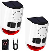 Solar Strobe Light Motion Detector Alarm: Dog Barking and Gunshot Sound, 13 Kinds of Warning Sound Loop Playback, 130db Noise Maker, 4 Working Mode, Waterproof for Home, Farm - USB Charging (2 Pack)