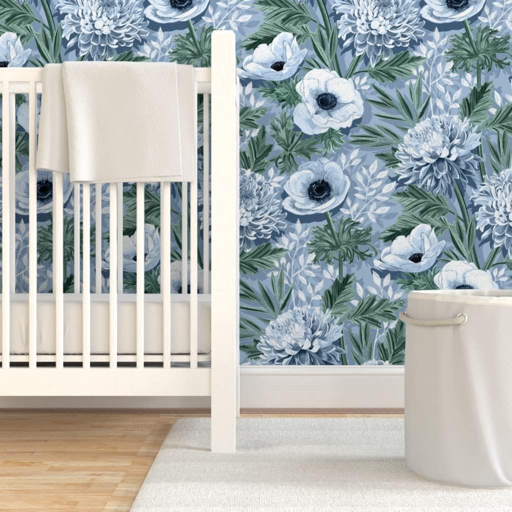 Removable Wallpaper Swatch - Mums Green Blue Spring Florals Nature Flowers Custom Pre-Pasted Wallpaper by Spoonflower