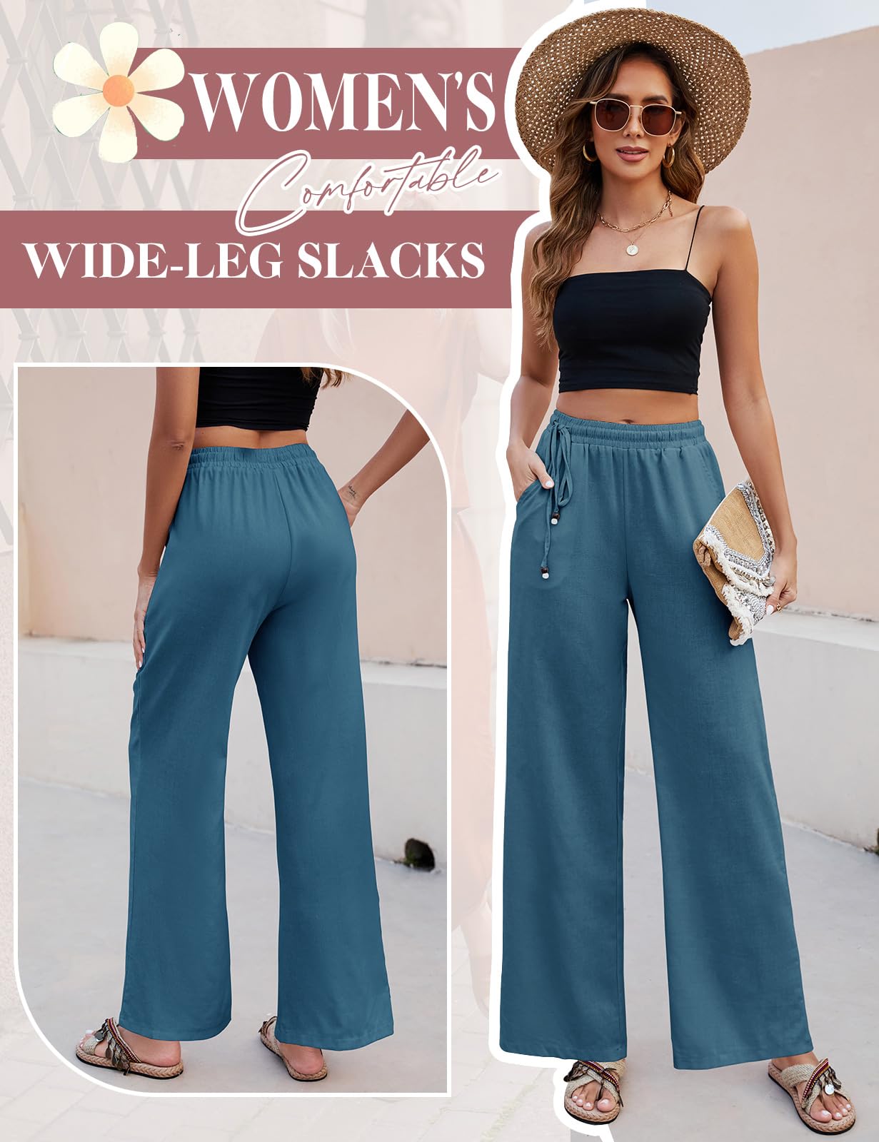 PASUDA Pantaloni Donna Pantaloni in Lino Estivi Larghi da Donna Eleganti Elastico Vita Alta Pantaloni Gamba Dritta Casual Leggeri Pantalone con Tasche e Coulisse Laterale