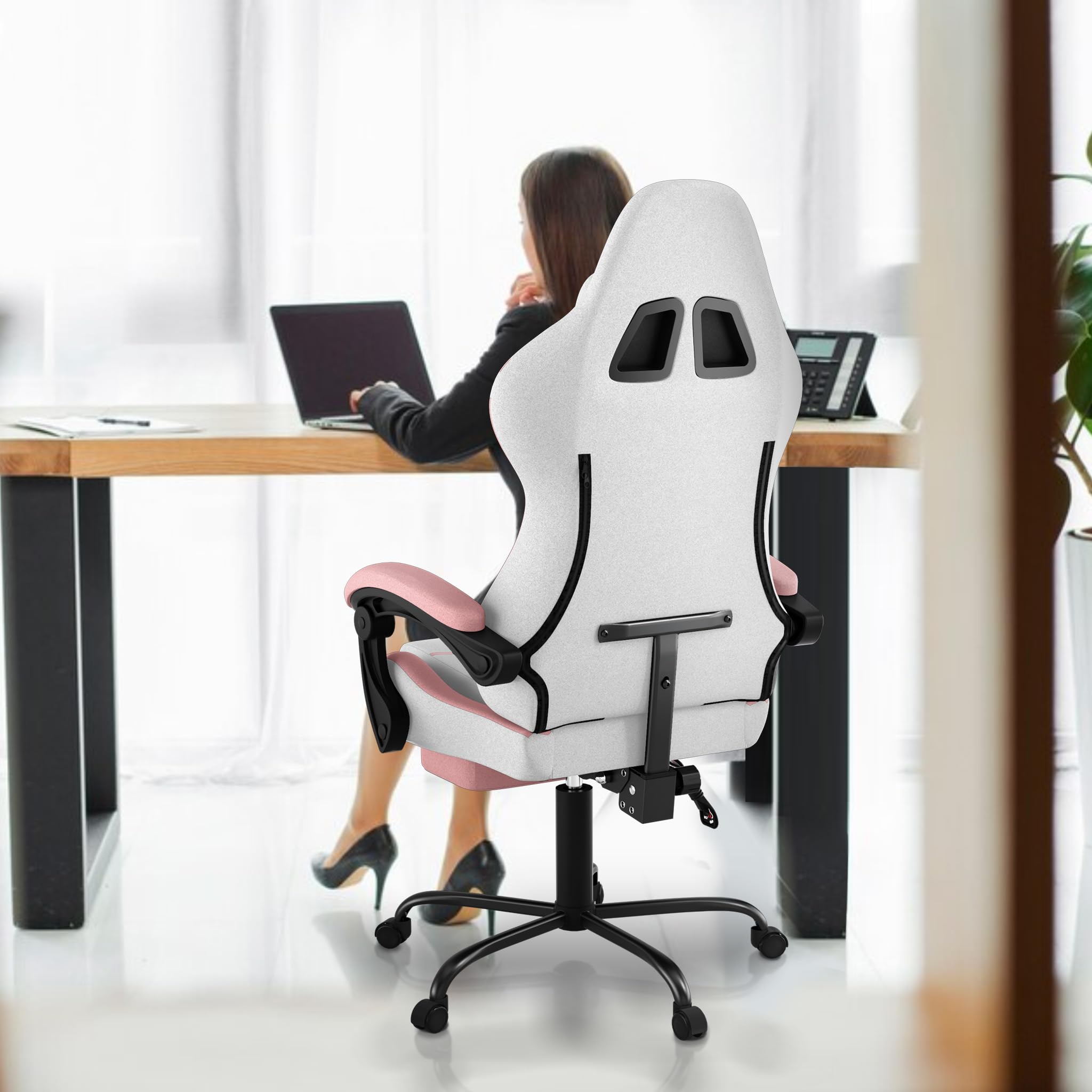 FIVMEN Sedia da gaming, massaggiante, rosa, da gioco, con poggiapiedi, poggiatesta e massaggi, ergonomica, regolabile in altezza, per sala giochi, ufficio