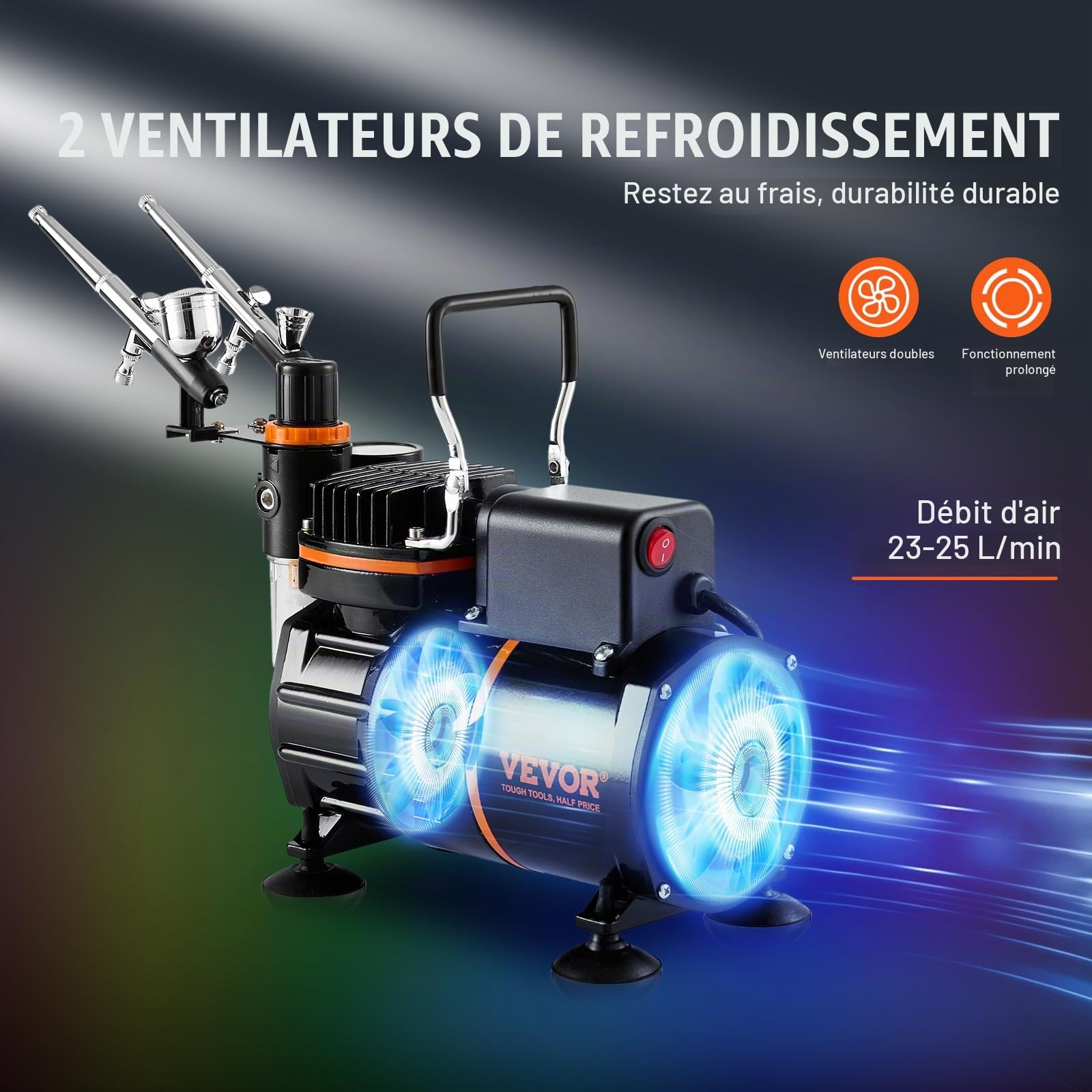 VEVOR Kit d'aérographe, compresseur d'air à double ventilateur, système d'aérographe professionnel avec 3 pistolets, support, roue de mélange de couleurs, pour art de l'ongle, cuisine, maquillage