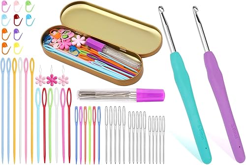Juego de 48 agujas de ojo grandes, gancho de ganchillo, 5.0, 0.217 in, gancho ergonómico de ganchillo, marcadores de punto de tejer con caja,