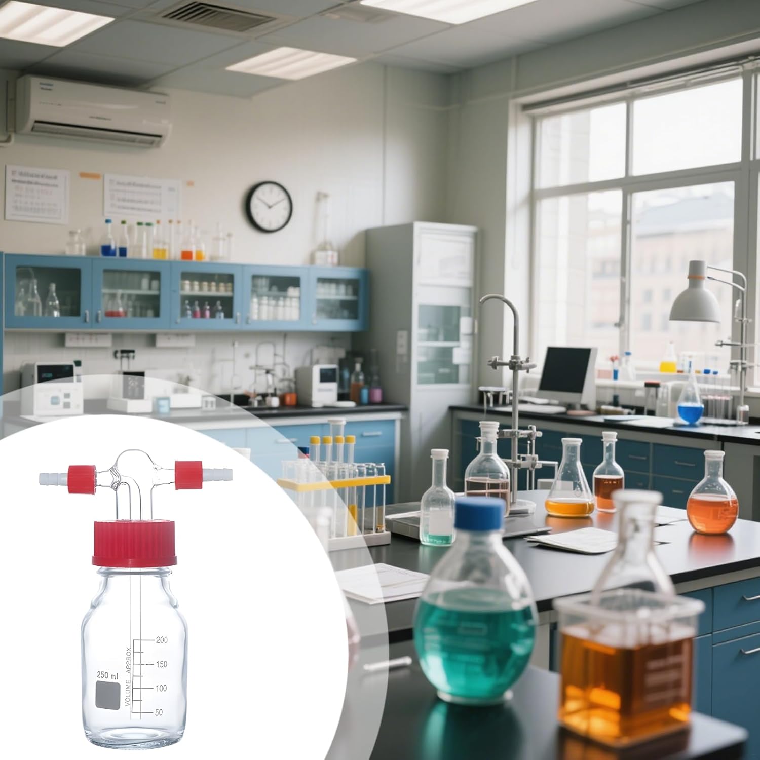 8.45 Oz Glass Wash Bottle, Red Pp Cap, Dual Tube Ports, High Borosilicate Glass, Easy Graduations, 250Ml Lab Pressure Bottle