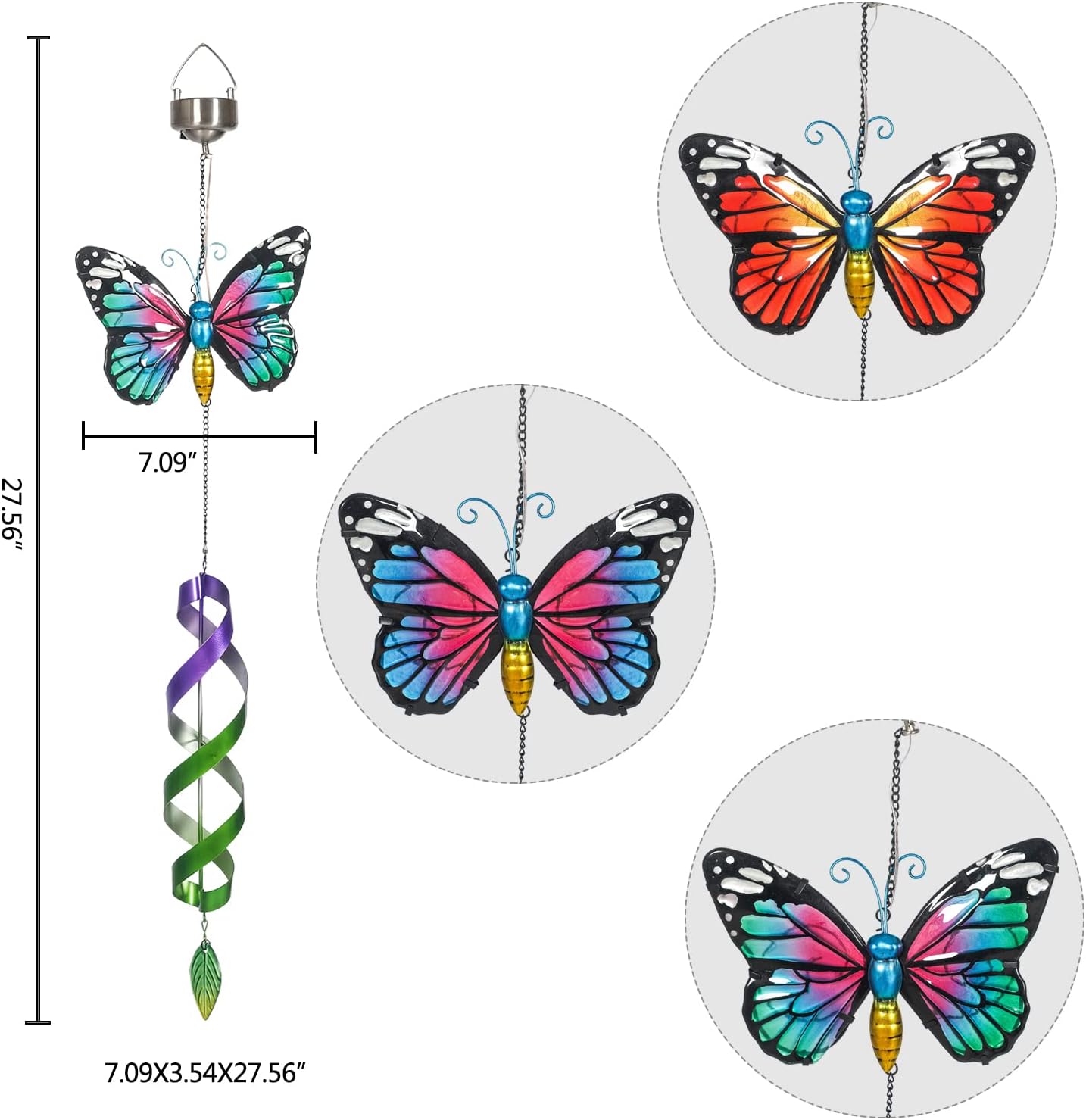Asense 3 Pcs Hanging Butterfly Wind Spinners with Light Home Garden Decor, Patio Yard Backyard Outdoor Art Outside Decorations Metal Wind Chimes Gifts for Lawn Hanging Pinwheels Crafts Ornaments