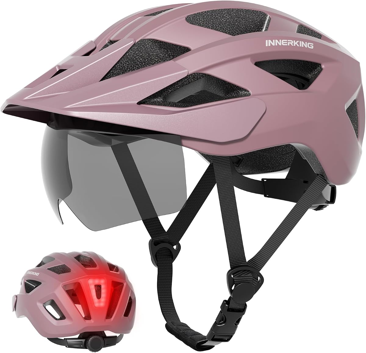 InnerKing Casco de bicicleta para adultos con luz trasera y gafas magnéticas OTG para hombres y mujeres | Cascos ligeros para bicicleta de montaña, luz trasera recargable, gafas desmontables, ciclismo de carretera con visera OTG extraíble