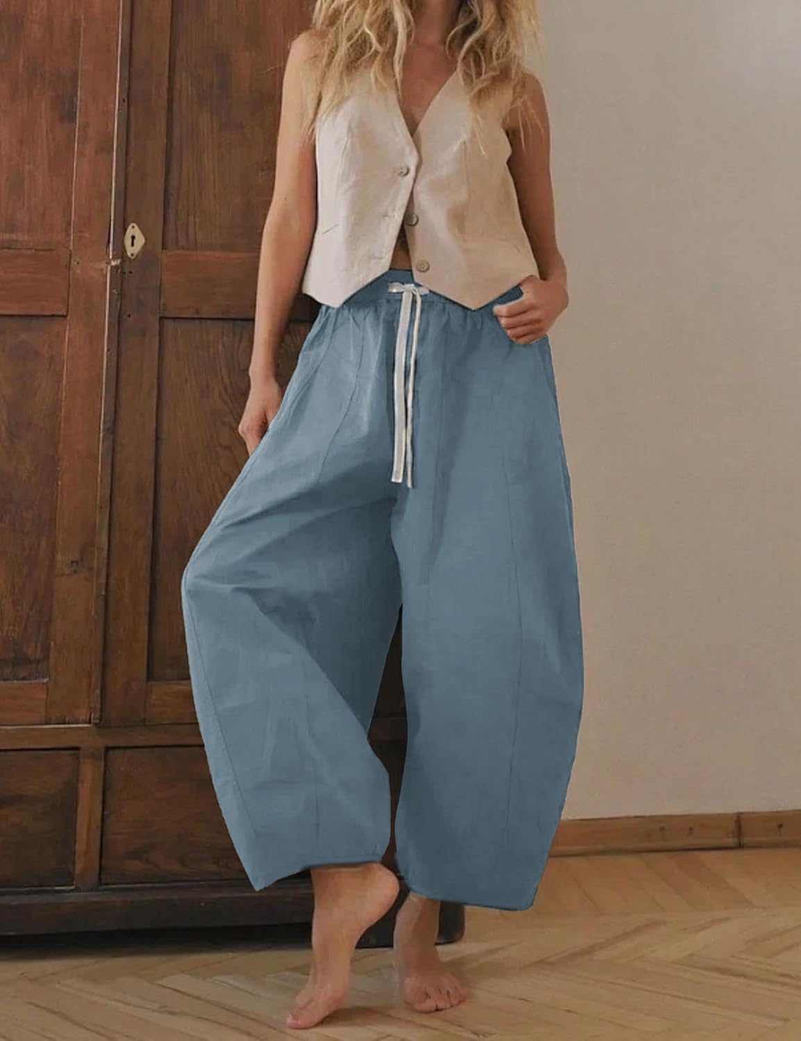 Xiaoxuemeng Barrel Jeans Women Cropped Cotton Wide Leg Pants High Waisted Denim Pants with Pockets - Image 2