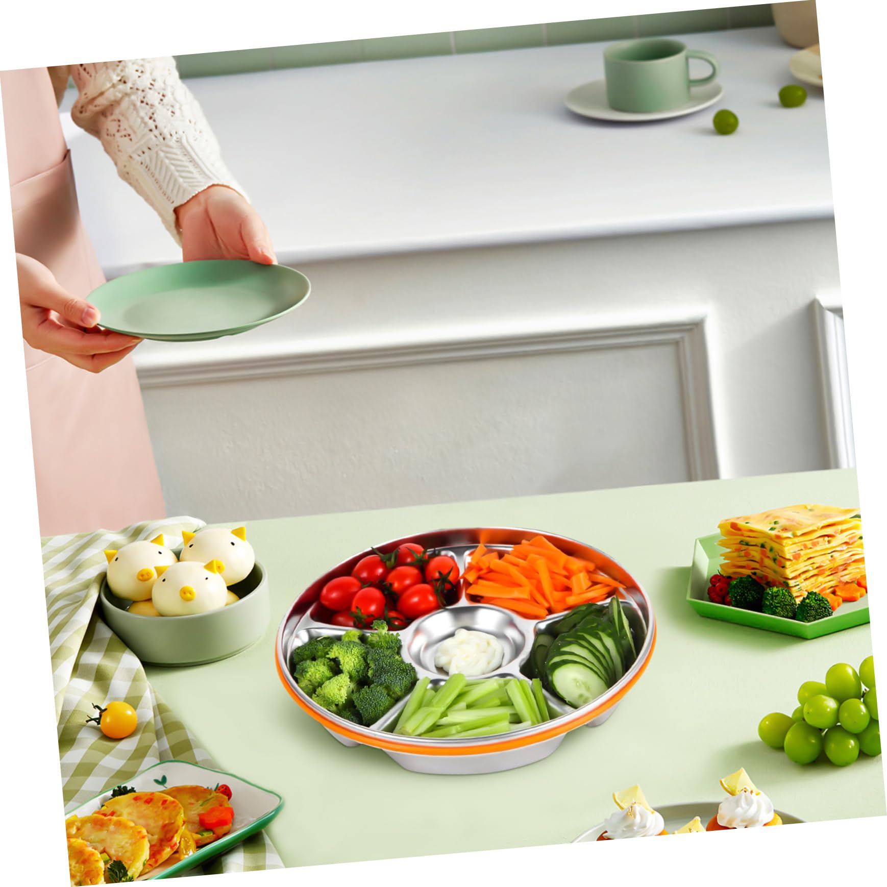 Snackbox Edelstahl mit Deckel Servierplatte mit 6 Fächern aus Edelstahl und Pp Getrenntes Design für Picknick und Outdoor