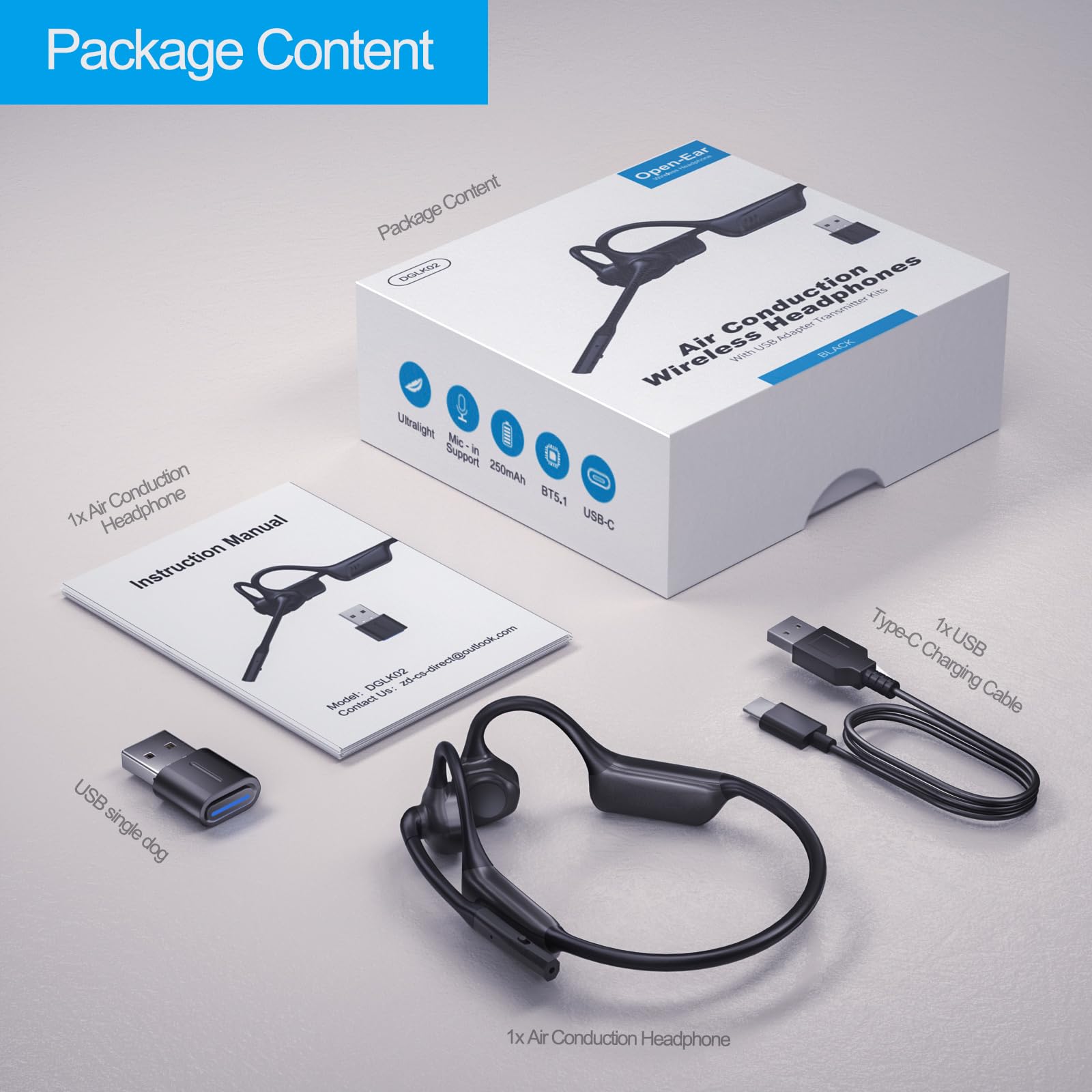 Smof Auriculares Abiertos con Micrófono, Bluetooth 5.1 Wireless Headset con USB Dongle, Auriculares de Conducción de Aire con Cancelación de Ruido Micrófono