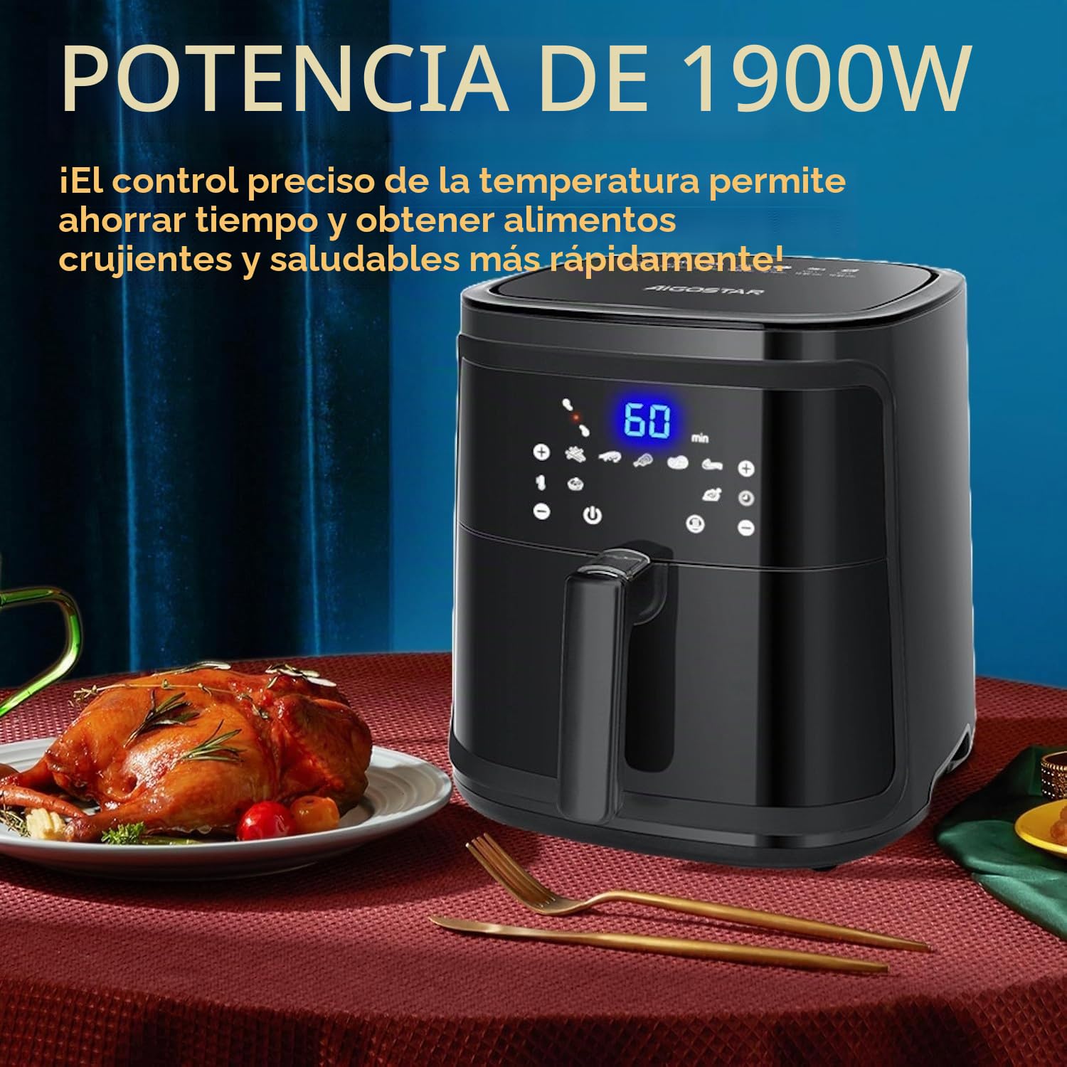 Aigostar Cube 30IBT - Freidora de aire caliente sin aceite, 7 l, 1900 W, táctil, color negro