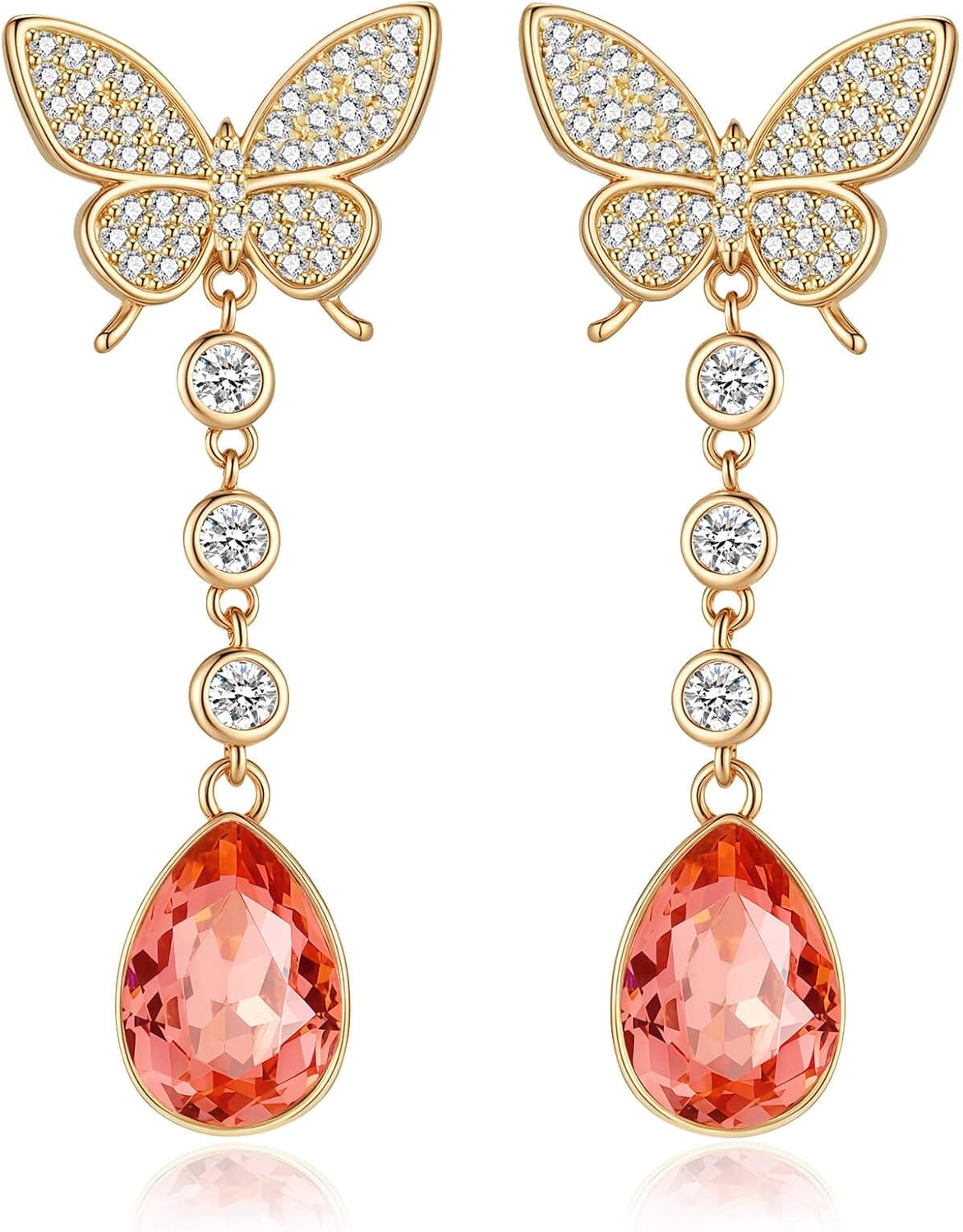EVEVIC Austrian Crystal Teardrop Butterfly Dangle Stud Earrings for Women 14K Gold Plated Drop Earring Hypoallergenic Jewelry Gifts