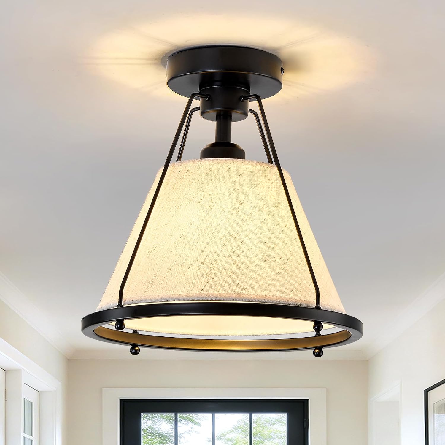 Black Semi Flush Mount Ceiling Light Fixture 11 Inch Farmhouse Close to Ceiling Light with Fabric Shade E26 Base 60W Max, Modern Ceiling Lamp for Bedroom Kitchen Hallway Entryway
