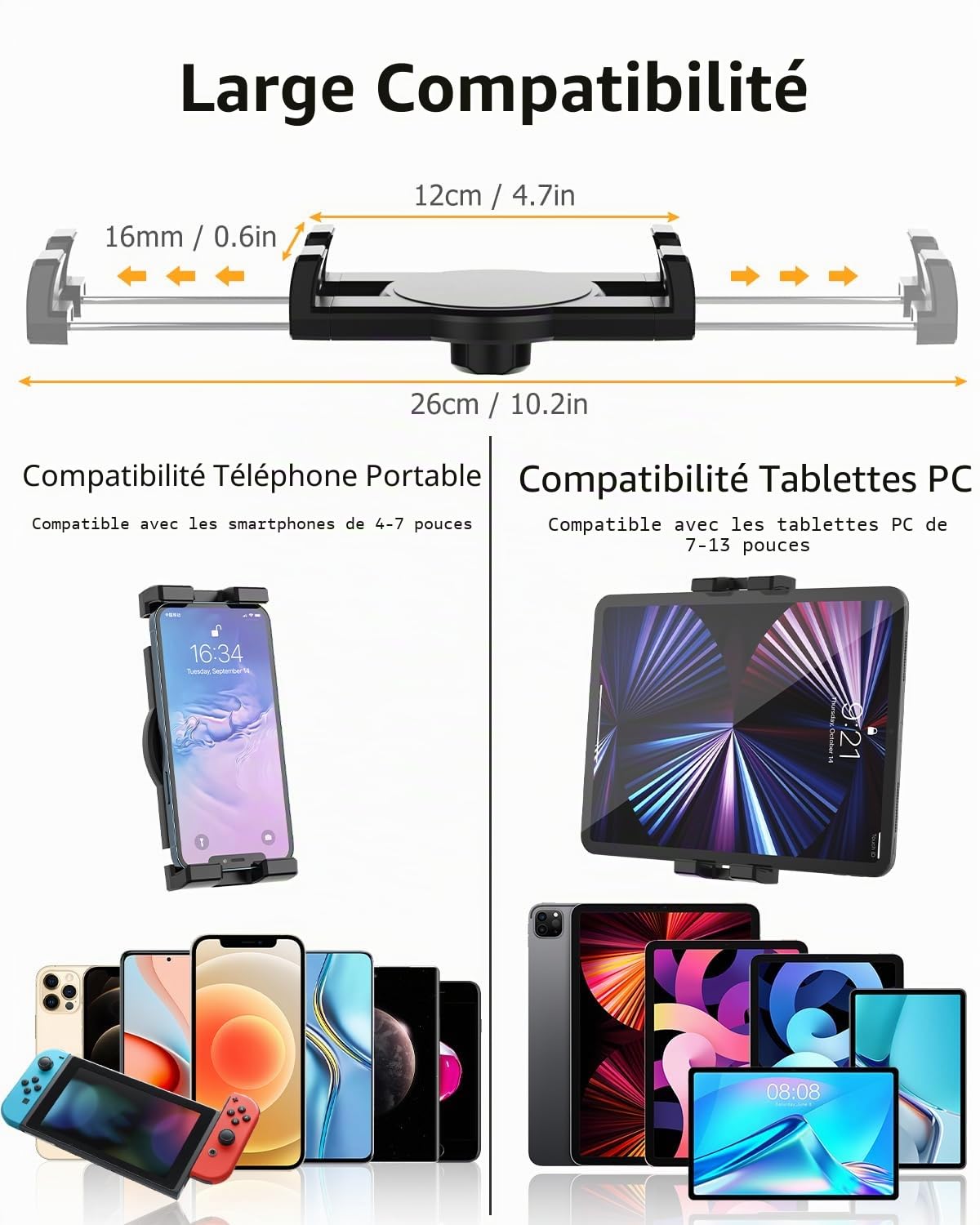 Support Tablette Voiture Gobelet, woleyi Universel Porte Gobelet Tablette avec Bras Télescopique, Support Téléphone Voiture Tasse, Pour iPad Pro 12.9 10.5 9.7 Air Mini 5 4 3 2, iPhone Series 4-13"