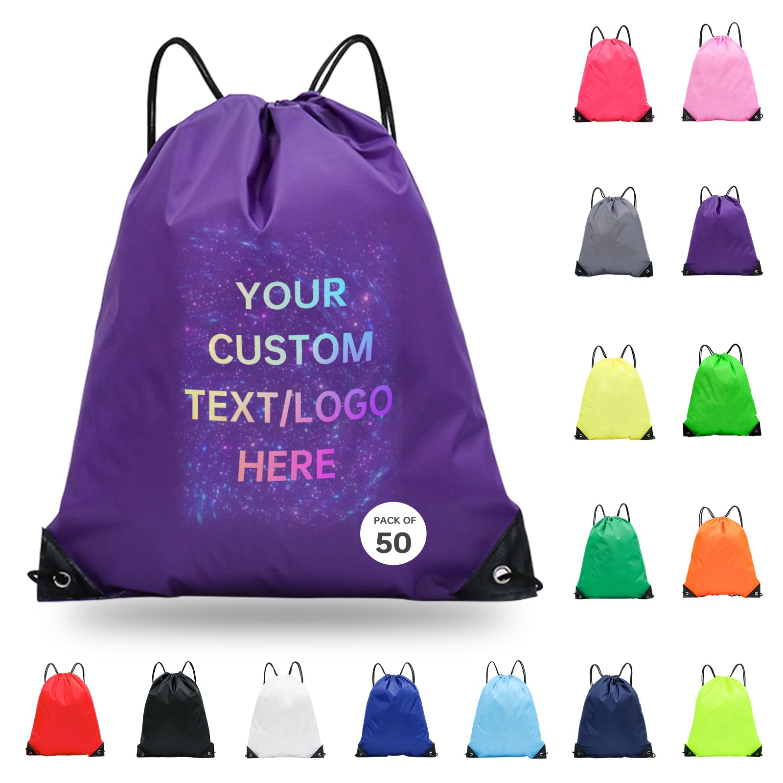JEOHLORY pack of 50 Custom Bags With Your Logo,Drawstring Backpacks Bulk String Bag,Great for Travelling, Gym and for Everyday Use (Custom Purple)