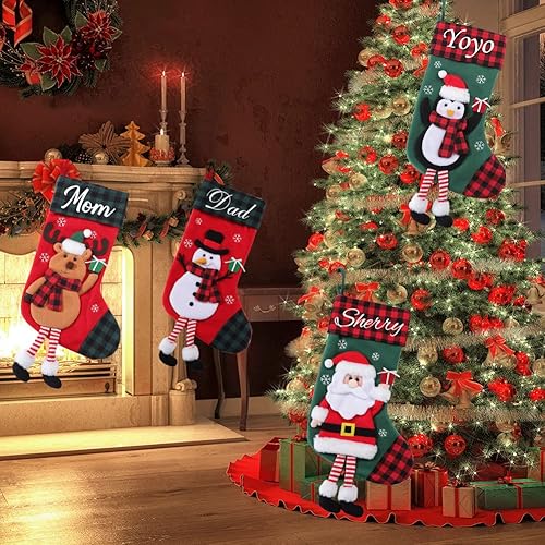 Miniatura 4 de Dreamdecor Medias de Navidad personalizadas con nombre, 17.3 pulgadas, calcetines colgantes de Navidad a cuadros grandes con ciervo, Papá Noel,