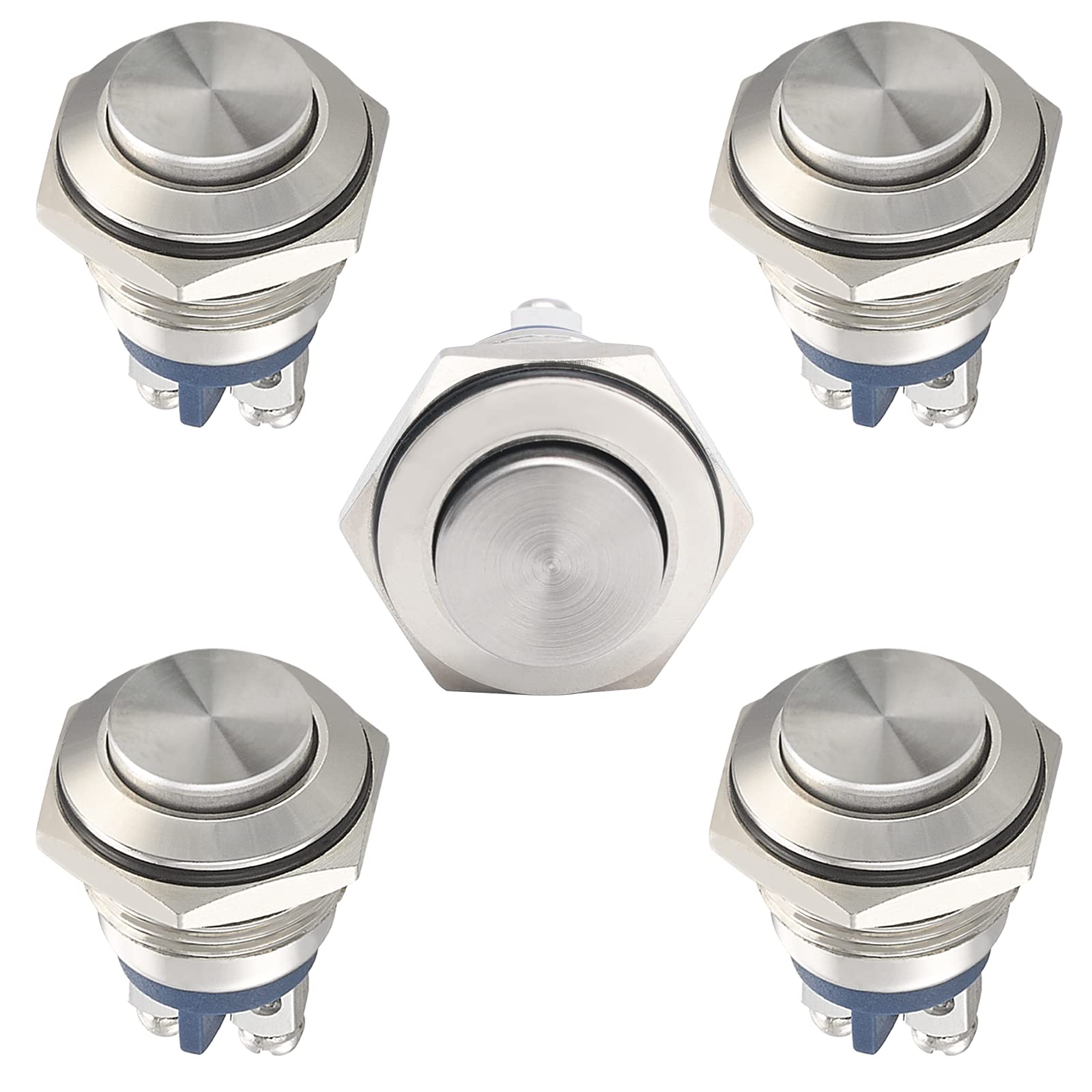 STARELO 5pcs 16mm Momentary Push Button Switch Sliver Shell, IP65 Waterproof Push Button Switch,Copper Shell 1 Normally Open without LED.