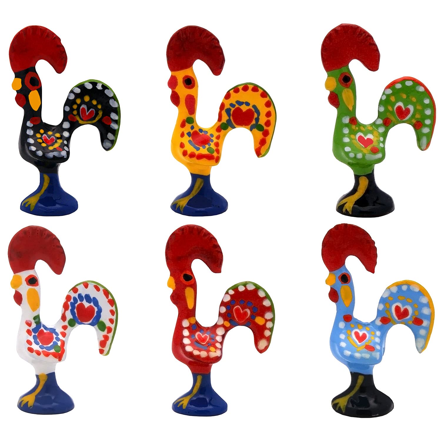 Galos 1.5 Inch Good Luck Portuguese Rooster Barcelos Metallic Figurine for Kitchen Decor - Set of 6, 1.5 Inch Tall, 10-1-3.5-SET