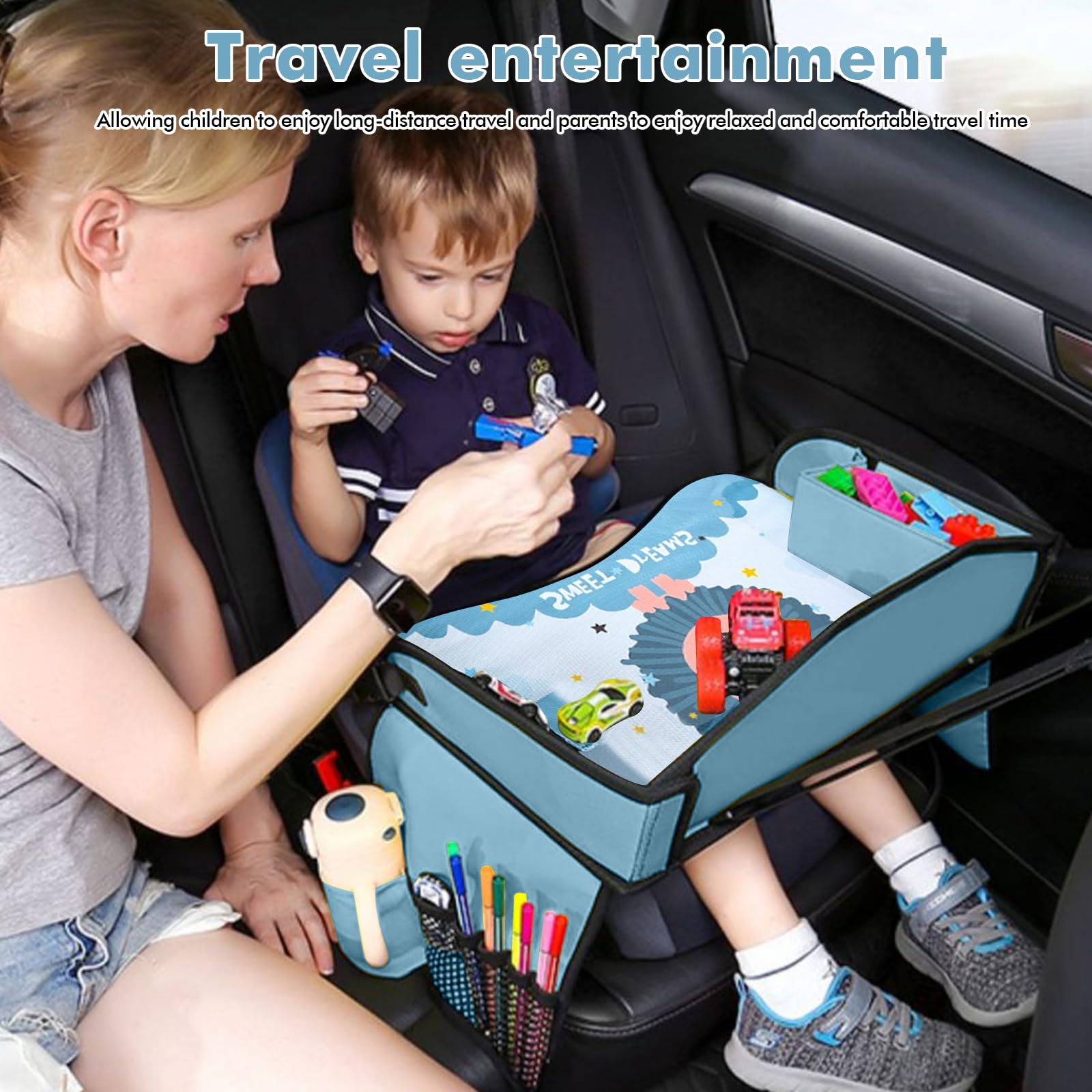 Vassoio per seggiolino auto per bambini, da viaggio, pieghevole, per auto, per bambini, impermeabile, per bambini, vassoio da viaggio, multifunzione, portatile, 43,5 x 33 x 16 cm, colore: blu