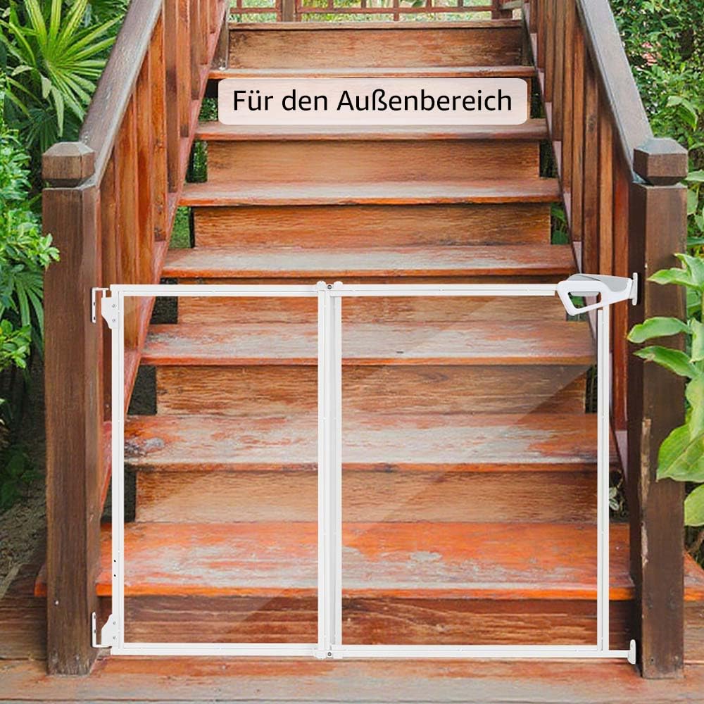 unipaws Transparentes Hunde- & Katzenschutzgitter ohne Bodenschiene, Schutzgitter für Türen & Treppen, beidseitig öffnend, Einhandbedienung, innen & außen, verstellbar 71–110 cm, 76 cm hoch