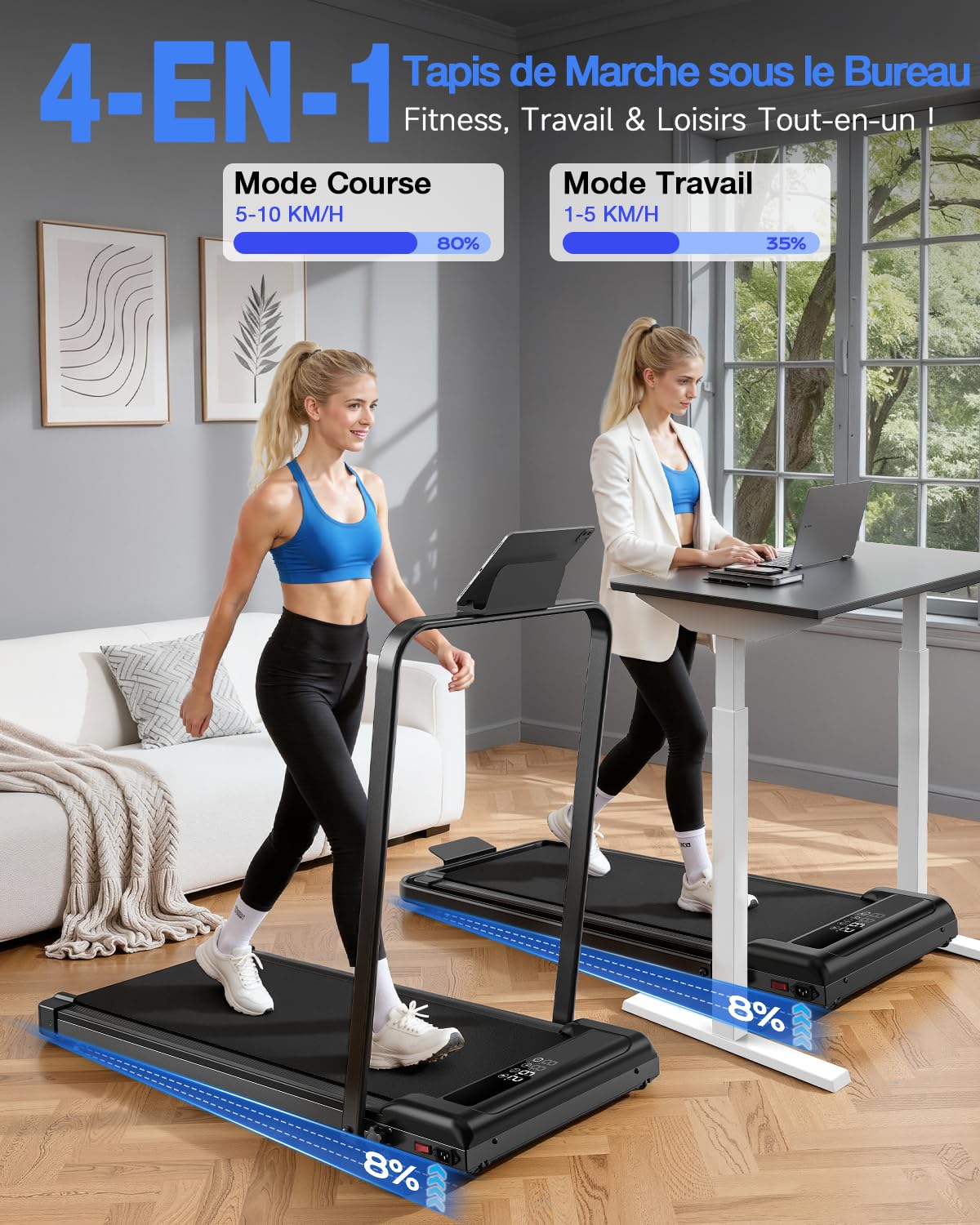 Tapis Roulant Elettrico 4 in 1 Pieghevole con Inclinazione 8% – 3.0CV Motore Silenzioso, 10 km/h, Sistema di Ammortizzazione, Schermo LED, Salvaspazio per Casa e Ufficio