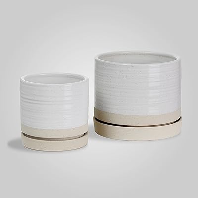 HERDUK 6 + 8 Inch Plant Pots, Ceramic Planter Pot with Drainage Hole & Saucer, Indoor/Outdoor Cylinder Round Planter Pot, Cream & Beige