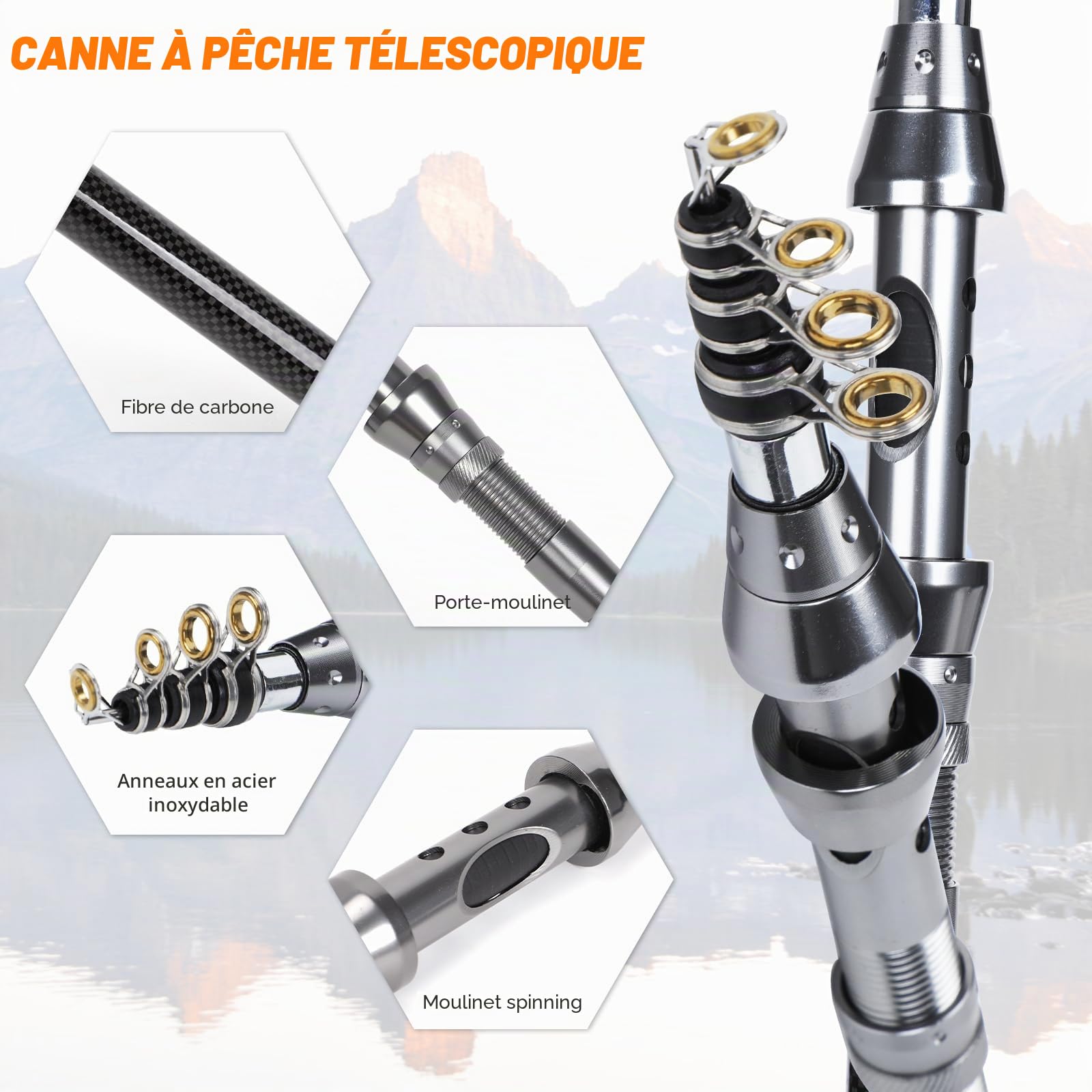 Ensemble Canne à Pêche Télescopique et Moulinet en Métal de 1,8m avec Accessoires Leurres de Pêche et Moulinet, Sac de Transport pour Poisson en Eau Douce ou Eau Salée