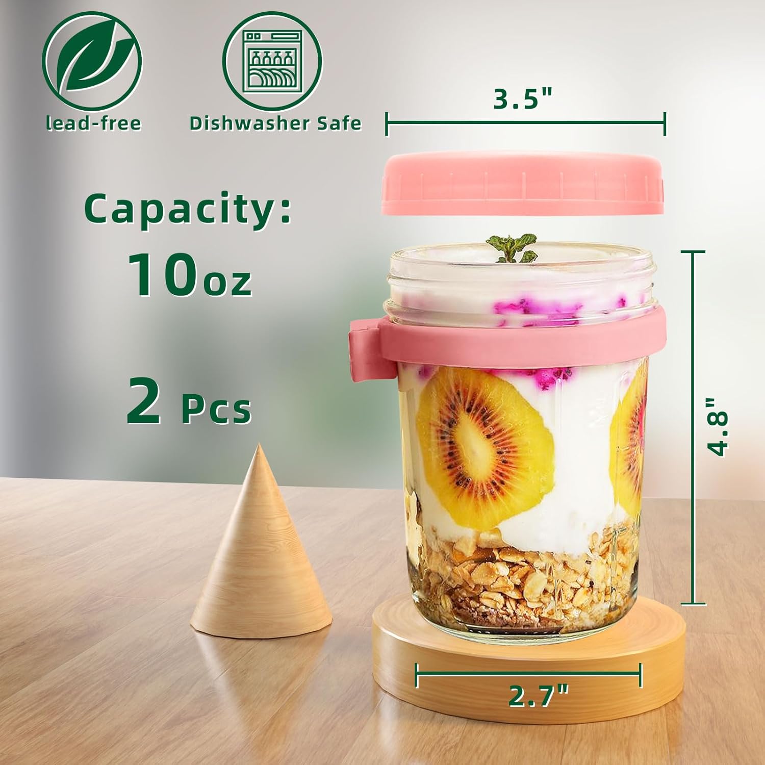 10oz Glass Overnight Oats Containers with Lids and Spoons 2 Pack Glass Jar Oatmeal Container with Airtight Lids, Large Capacity for Yogurt Chid Pudding Meal Prep Containers